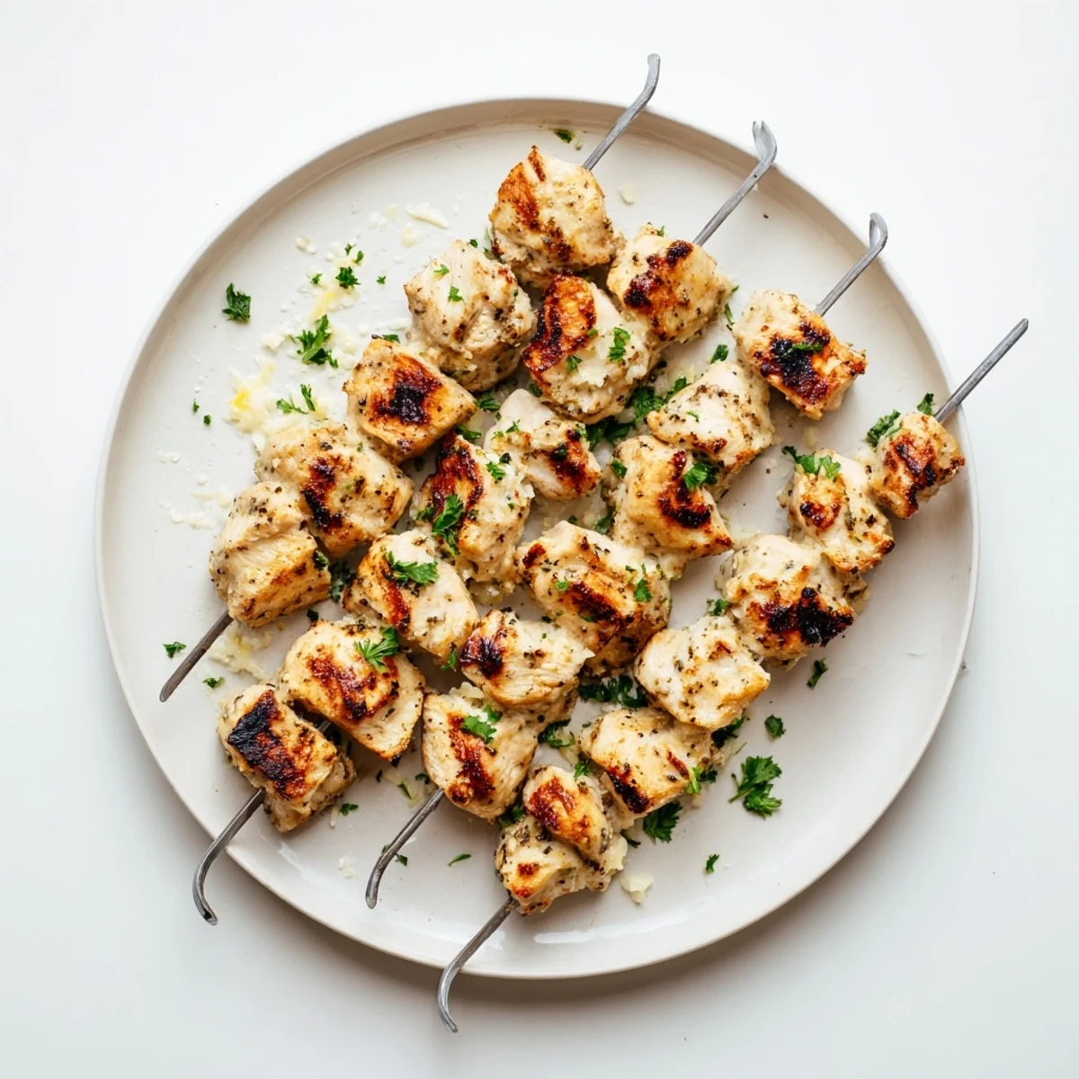 Herb-sprinkled Savory Garlic Parmesan Chicken Skewers For Effortless Summer Grilling on wooden platter