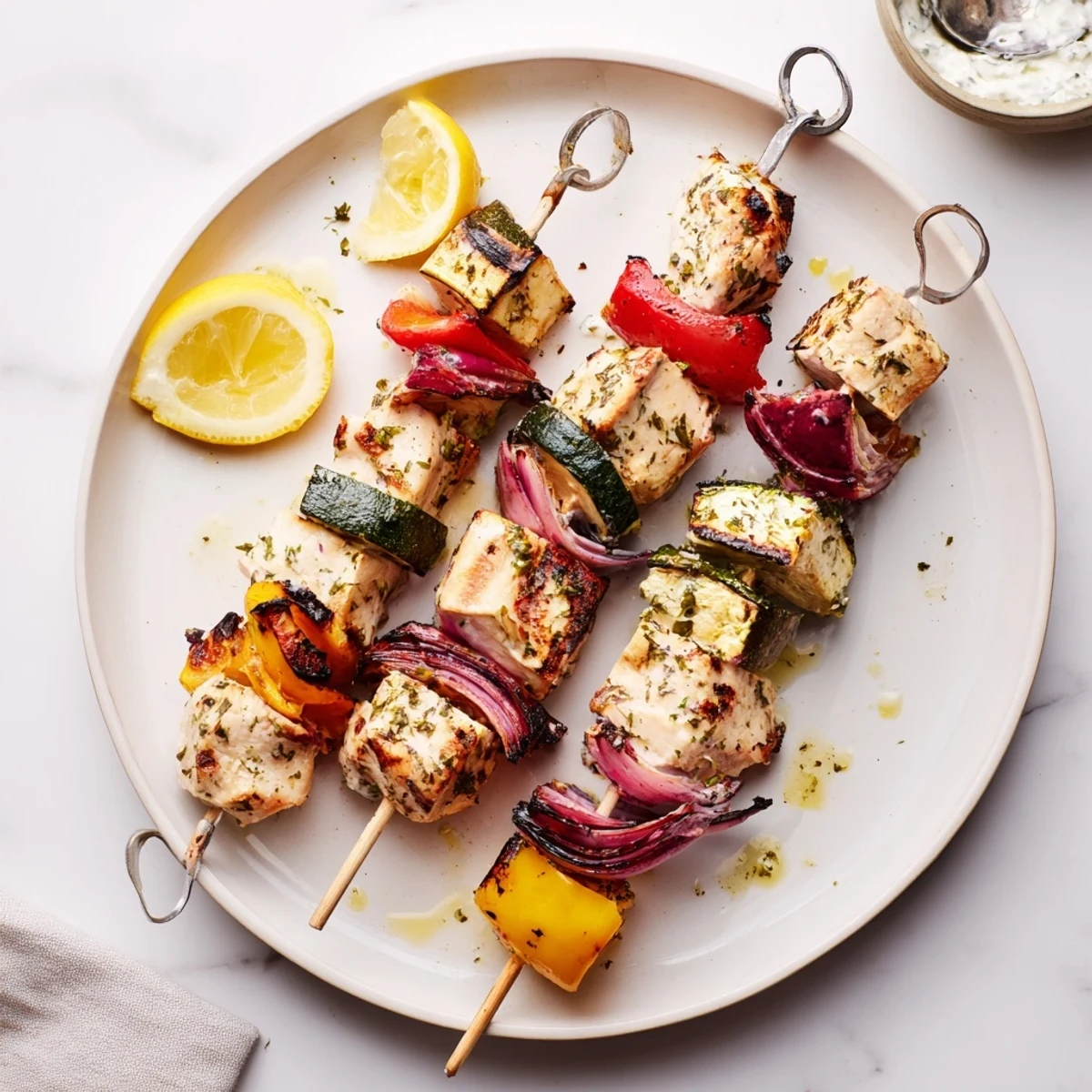 Greek Marinated Chicken Kabobs sizzling on a grill, charred edges, lemon wedges