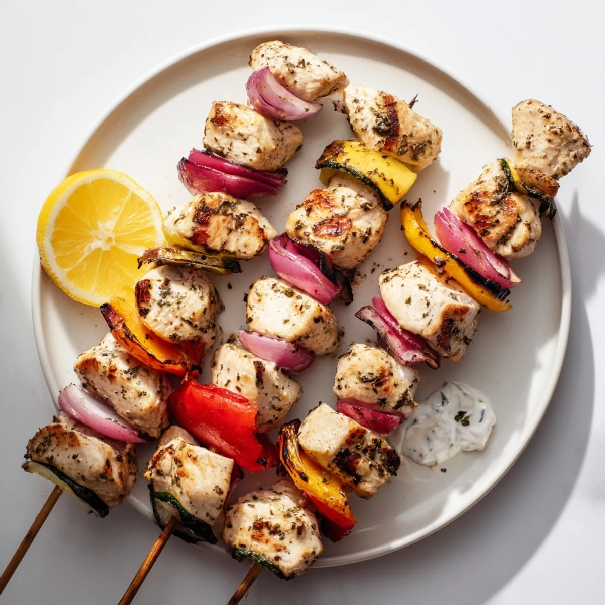 Plated Greek Marinated Chicken Kabobs with tzatziki, parsley sprinkle, juicy chicken