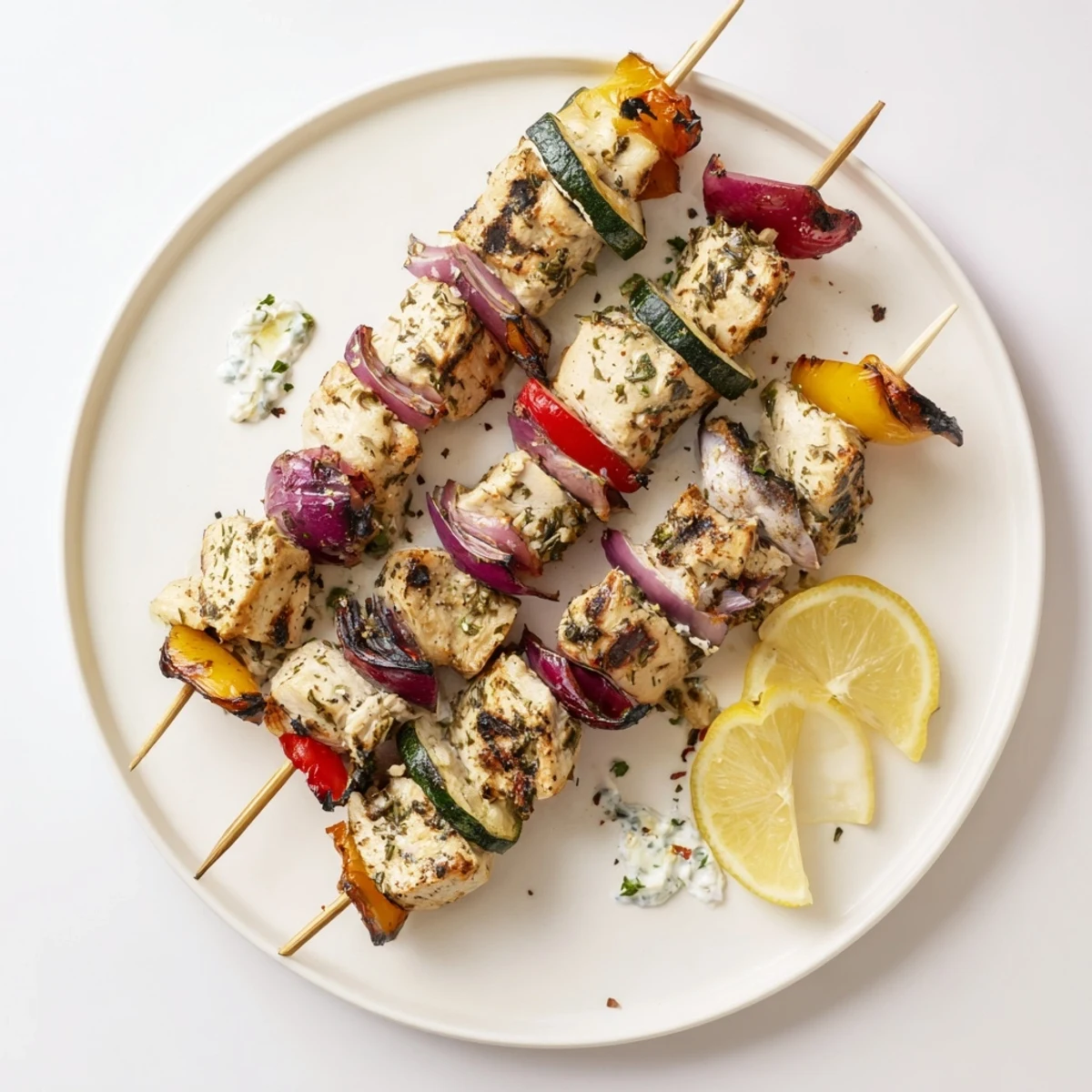 Skewered Greek Marinated Chicken Kabobs threaded with colorful peppers and zucchini