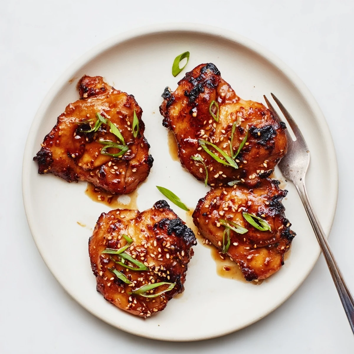Grilled Japanese BBQ Chicken Thighs glistening with sticky glaze, sesame garnish.