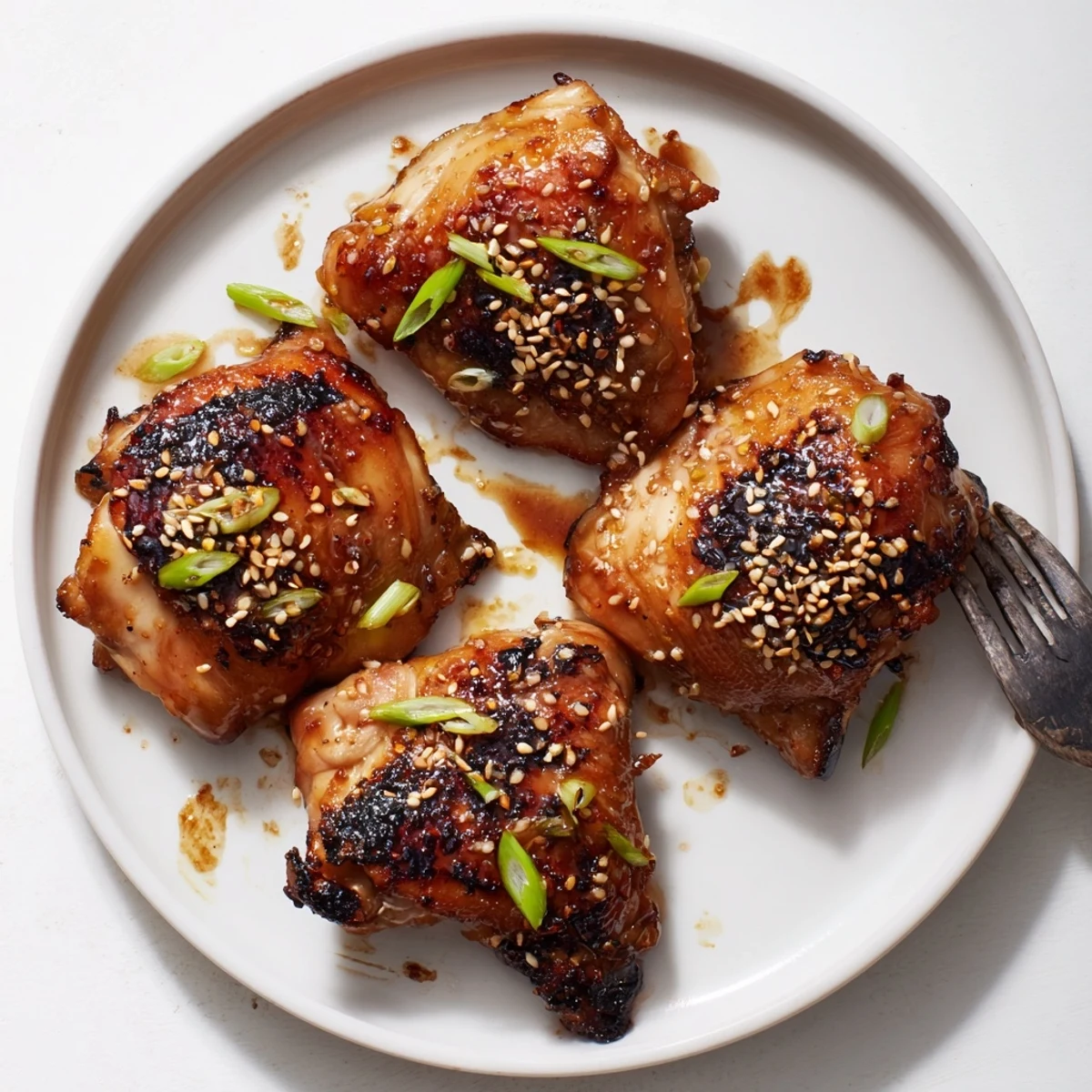 Japanese BBQ Chicken Thighs charred edges, smoky sweet aroma, served over rice.