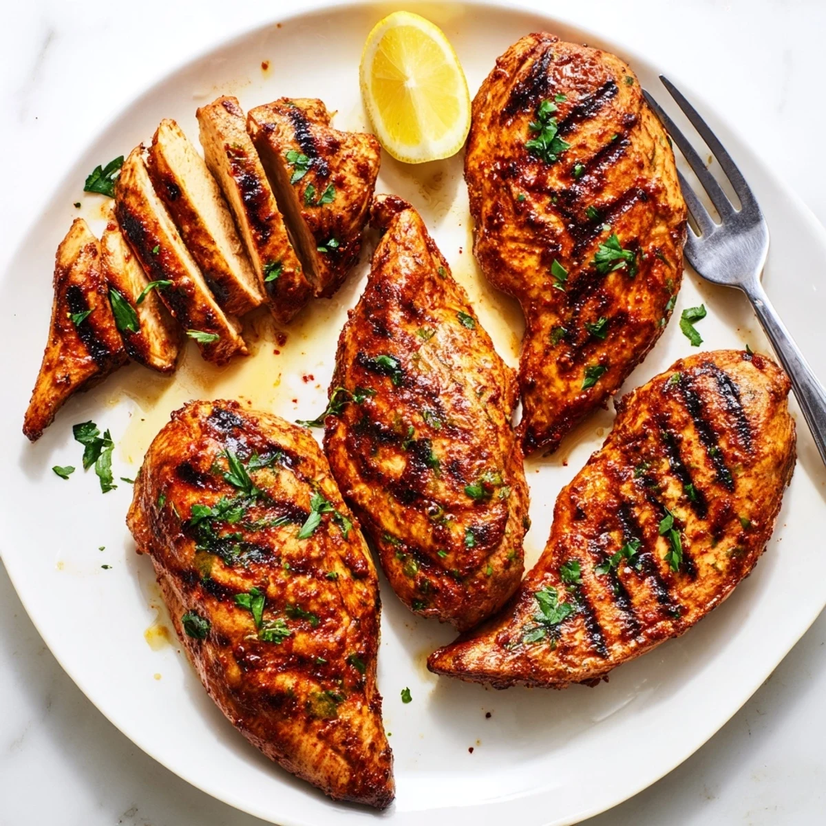 Grilled Chicken with charred grill marks, juicy center, lemon wedge garnish.