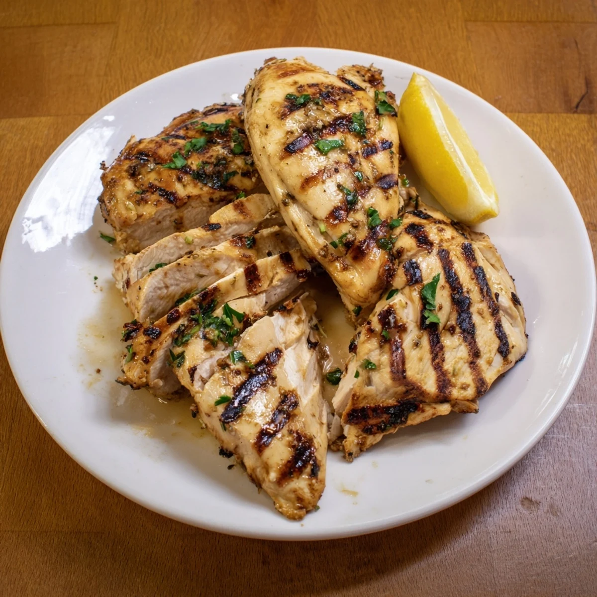 Smoky Grilled Chicken breast glistening with olive oil, served with greens.