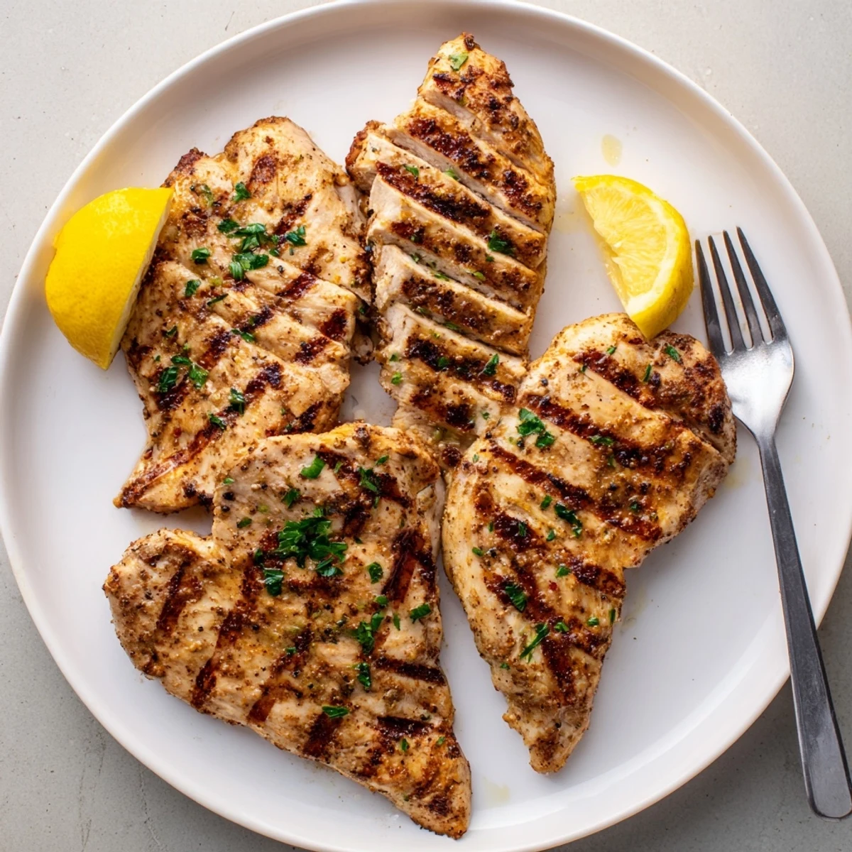 Sliced Grilled Chicken resting on plate, aromatic herbs and bright lemon.