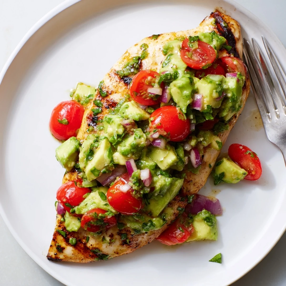 Juicy Grilled California Avocado Chicken topped with creamy salsa and lime zest.