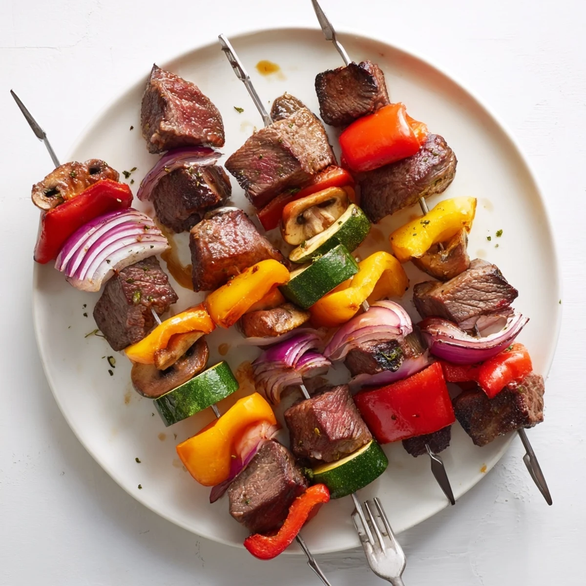 Grilled Steak Kabobs glistening with char, colorful peppers and juicy beef.