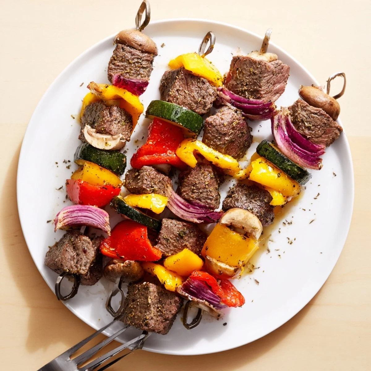 Marinated Steak Kabobs sizzling on skewers, smoky aroma, served with rice.