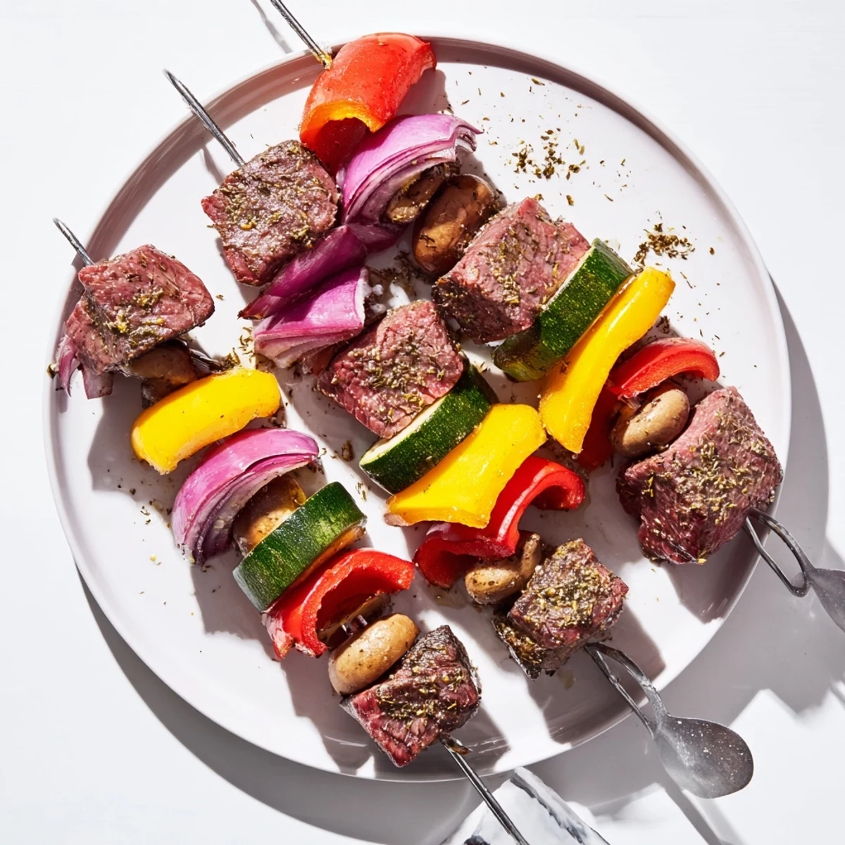 Wood-charred Steak Kabobs arranged on platter, tender cubes, vibrant grilled vegetables.