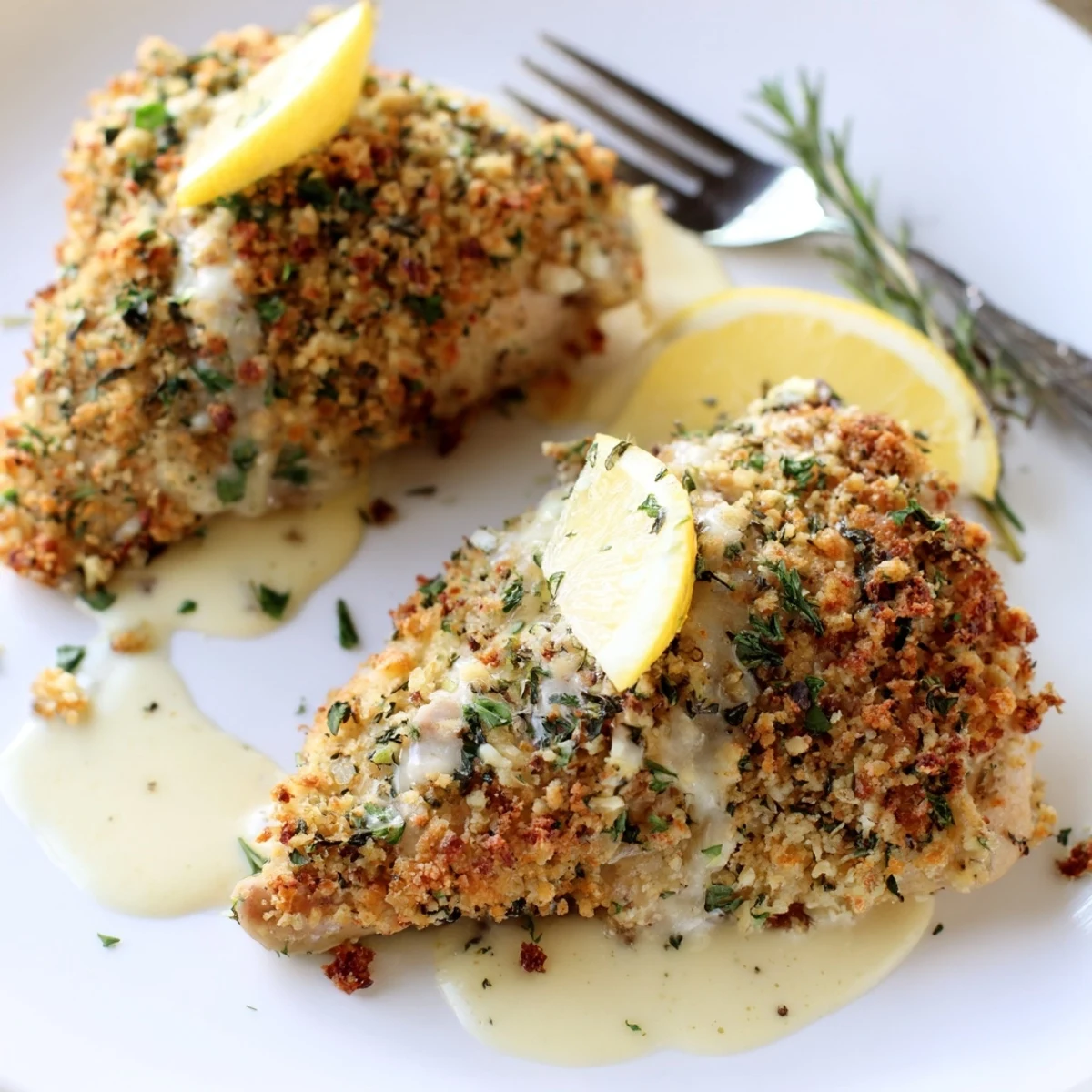 Juicy, oven-baked Golden Herb Crusted Chicken Thighs In Creamy Garlic Sauce, plated.