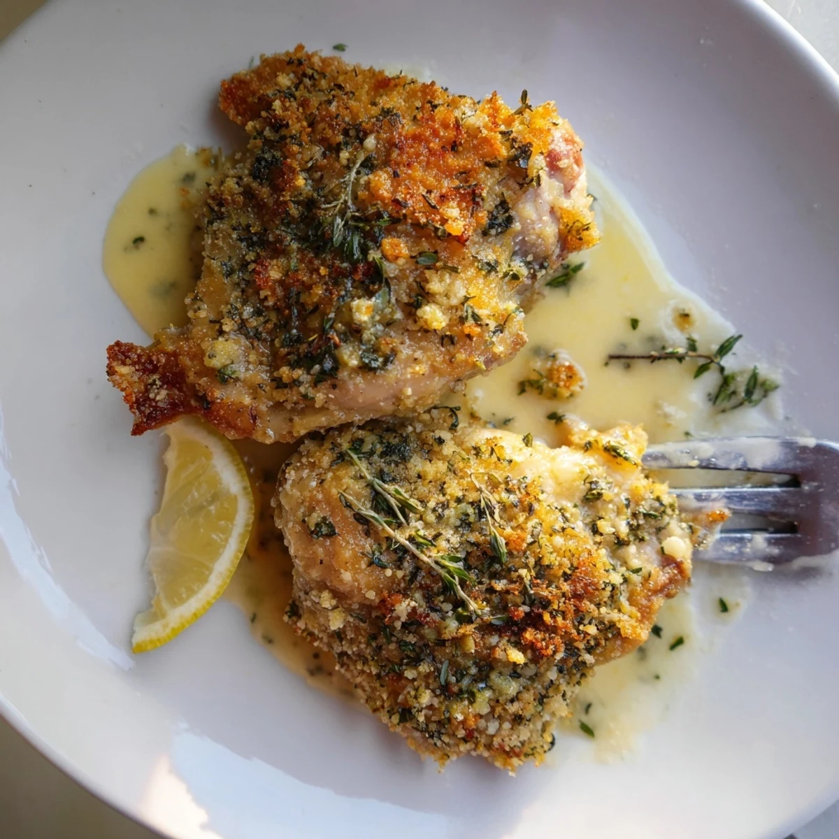Golden Herb Crusted Chicken Thighs In Creamy Garlic Sauce served over mashed potatoes.