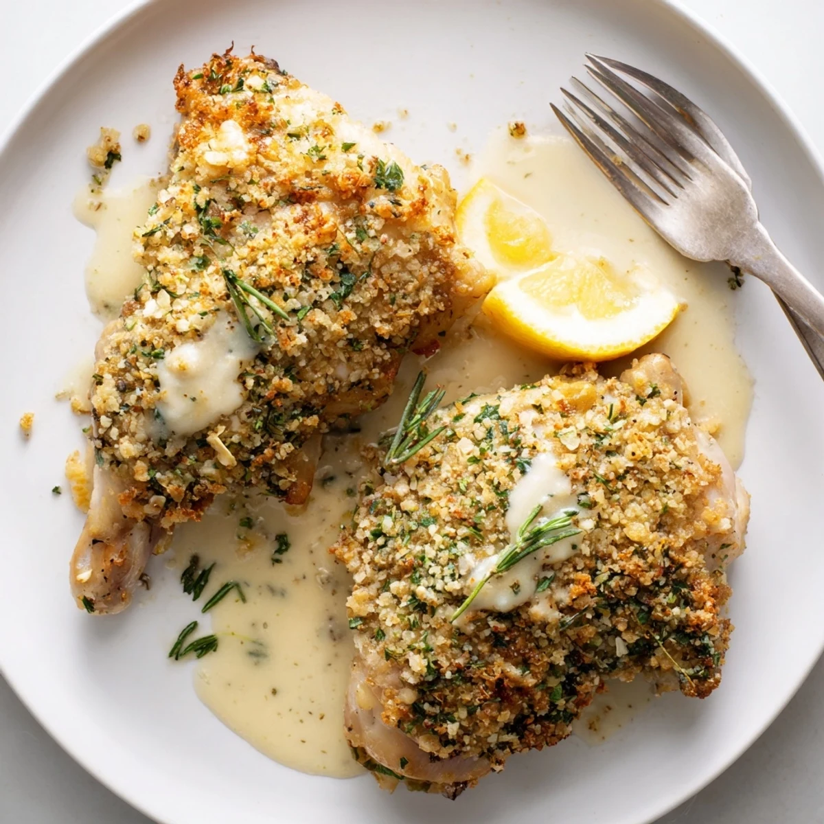 Plated with lemon wedge, Golden Herb Crusted Chicken Thighs In Creamy Garlic Sauce.