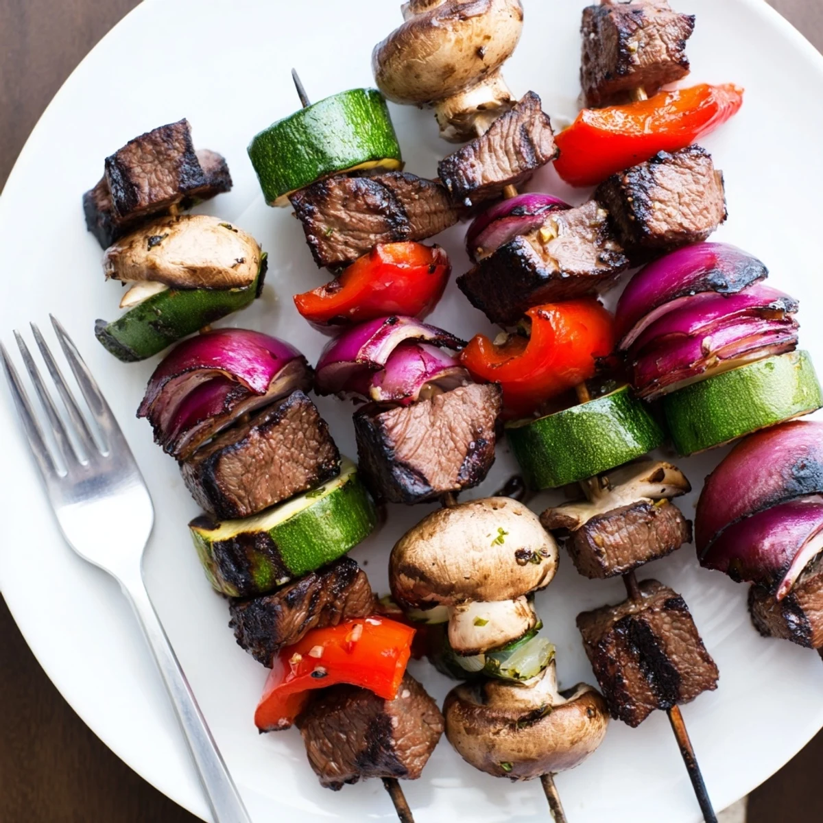Skewered Grilled Steak Kabobs marinated in garlic-lemon honey, vibrant bell peppers