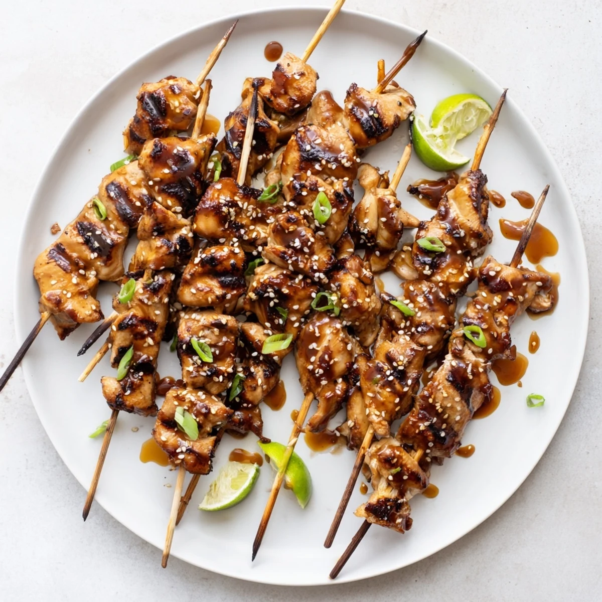 Grilled Asian Chicken Skewers With Honey Garlic Sauce, sticky glossy glaze, sesame garnish