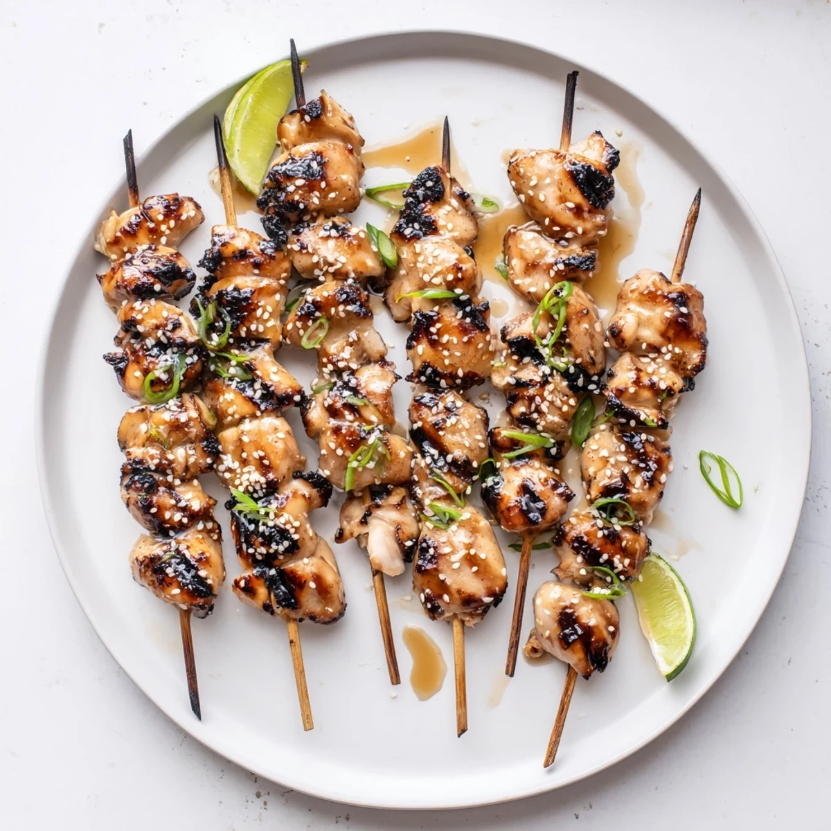 Charred wooden skewers piled high, fragrant Grilled Asian Chicken Skewers With Honey Garlic Sauce