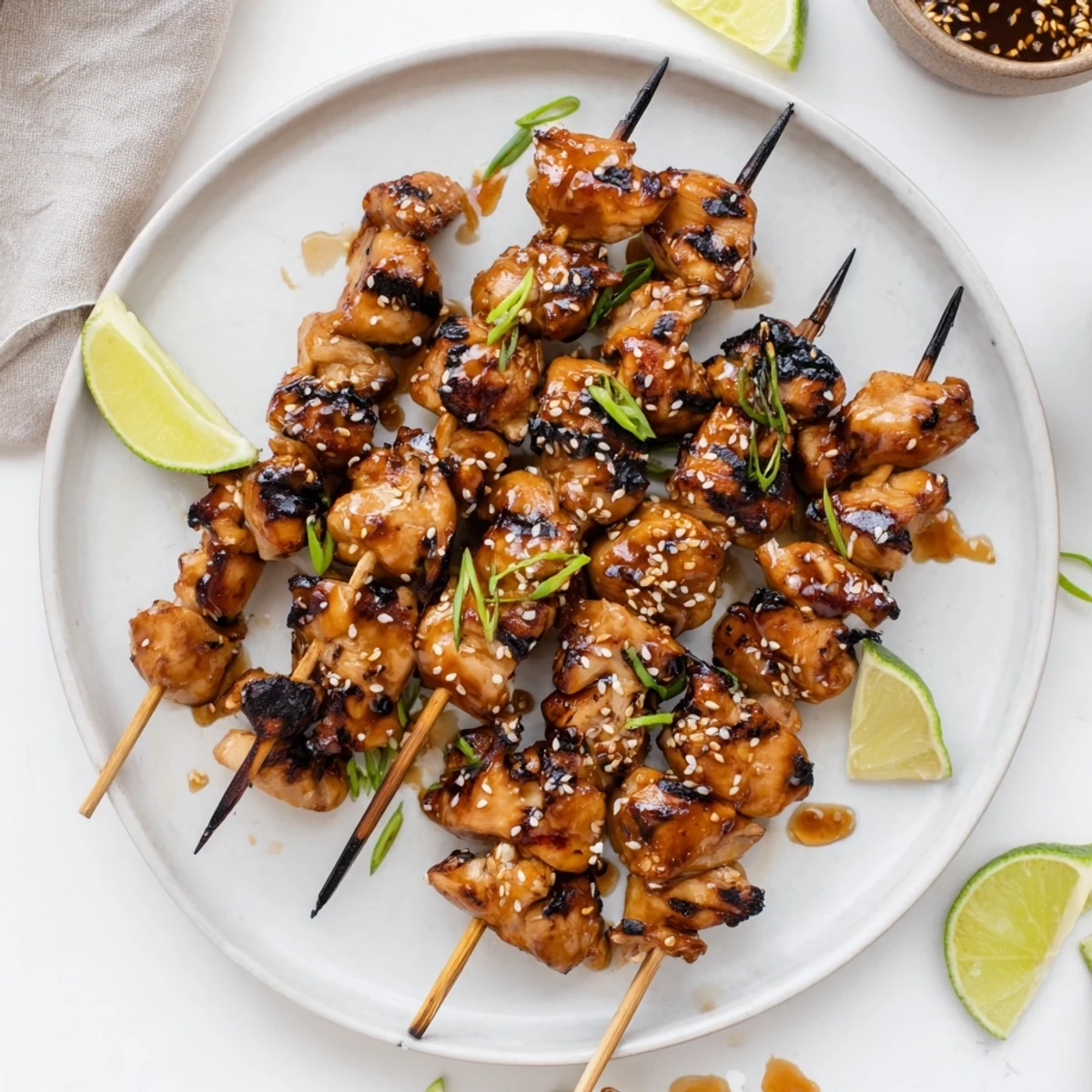 Smoky summer plate of Grilled Asian Chicken Skewers With Honey Garlic Sauce, lime wedge