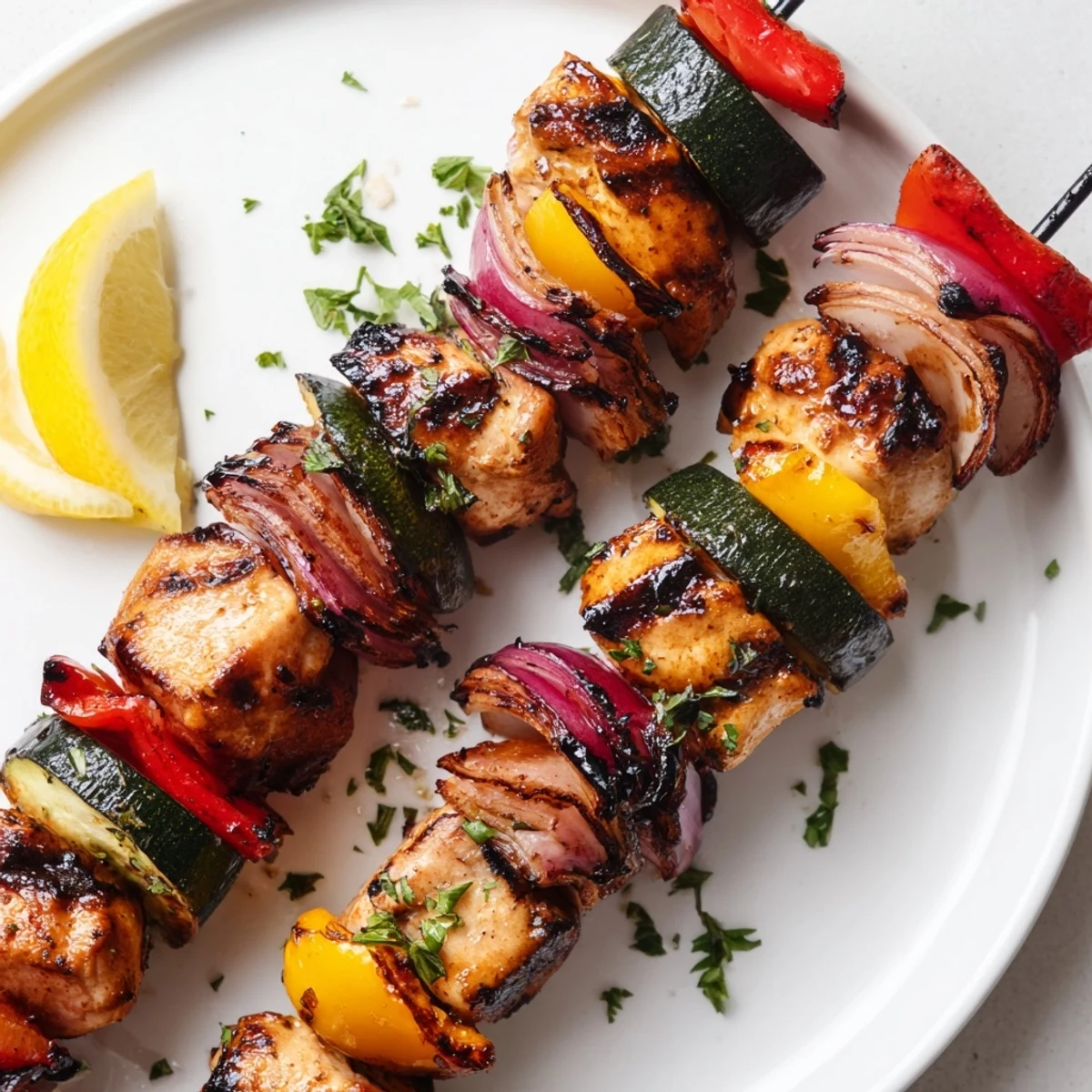 Grilled Chicken Kabobs with charred edges, colorful peppers, lemon wedges for serving