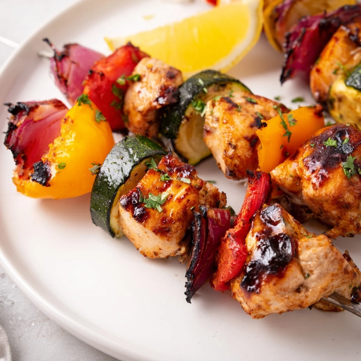 Fresh Grilled Chicken Kabobs marinated in garlic-lemon, resting on wooden skewers