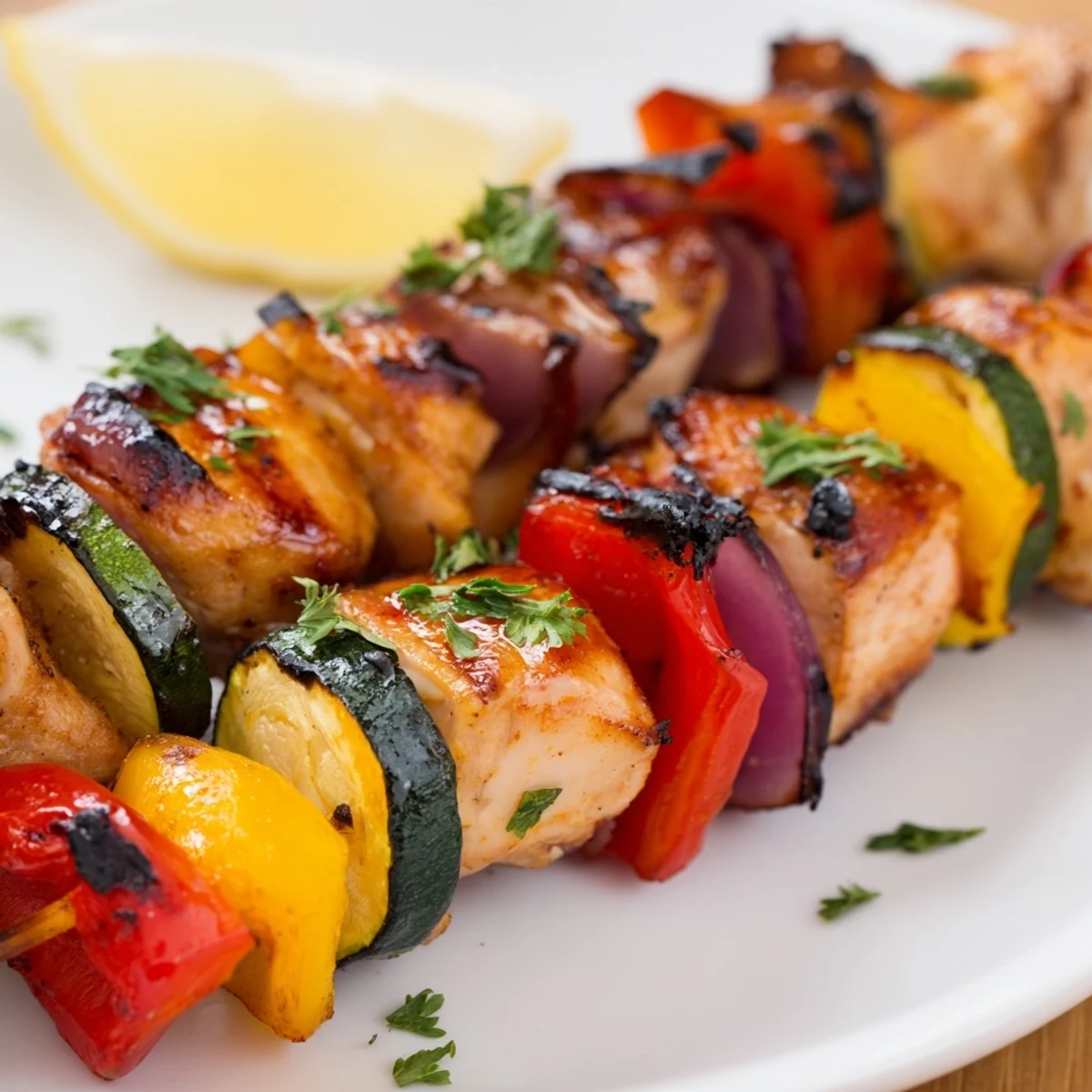 Plated Grilled Chicken Kabobs drizzled with parsley and tzatziki, tender and juicy