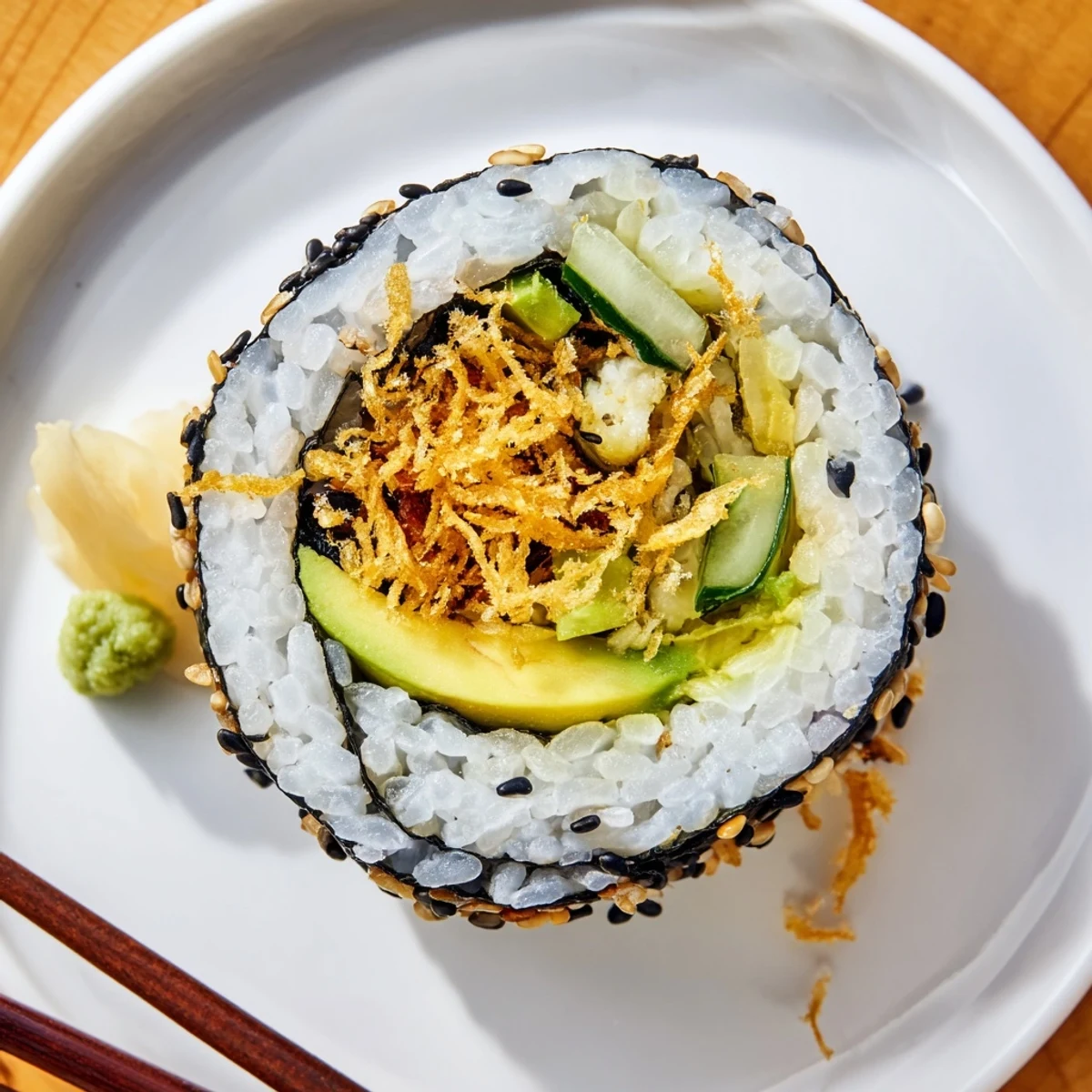 California Crunch Roll Sushi sliced on bamboo mat, creamy avocado and crisp tempura flakes
