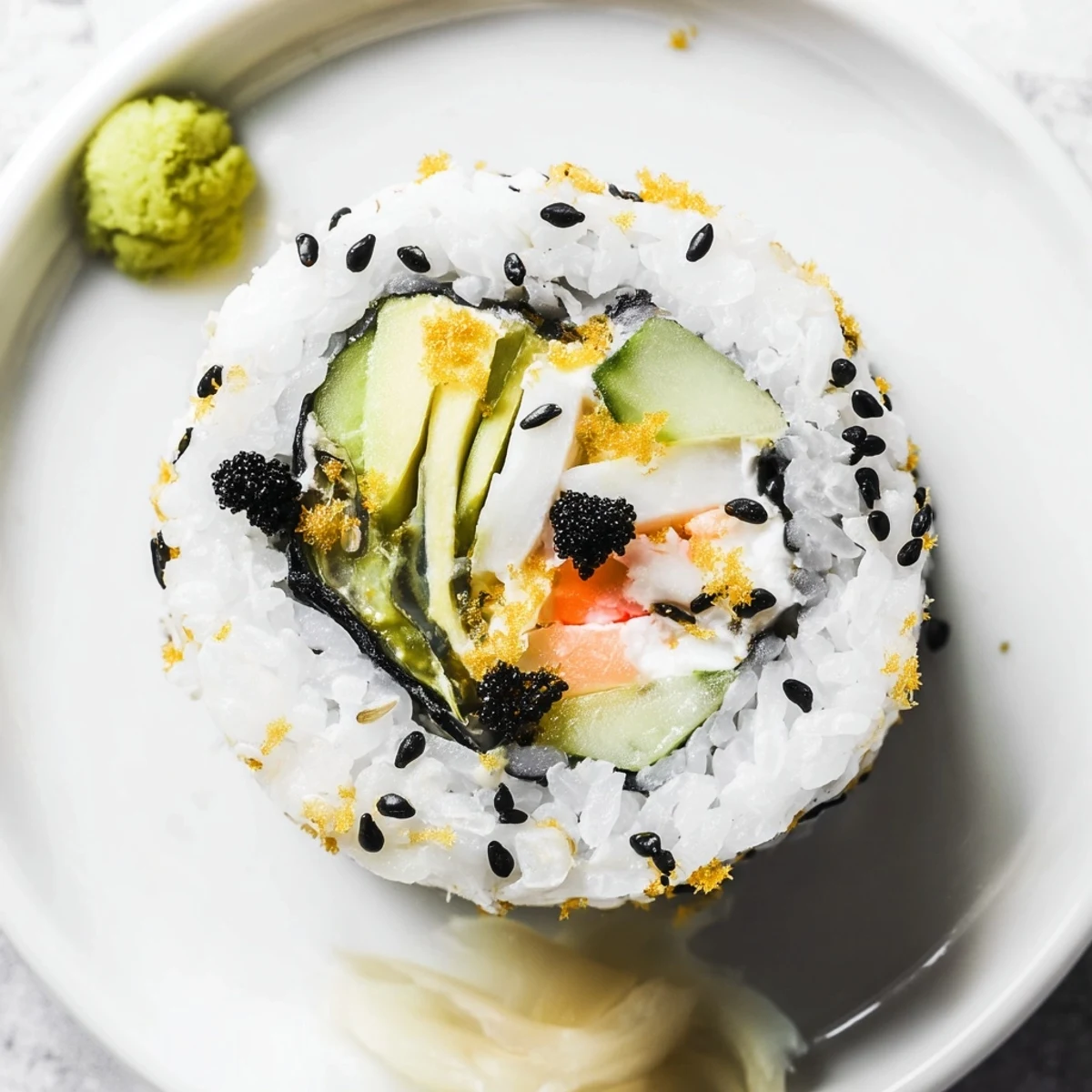 Close-up of California Crunch Roll Sushi showing crab mayo, avocado, cucumber, and wasabi