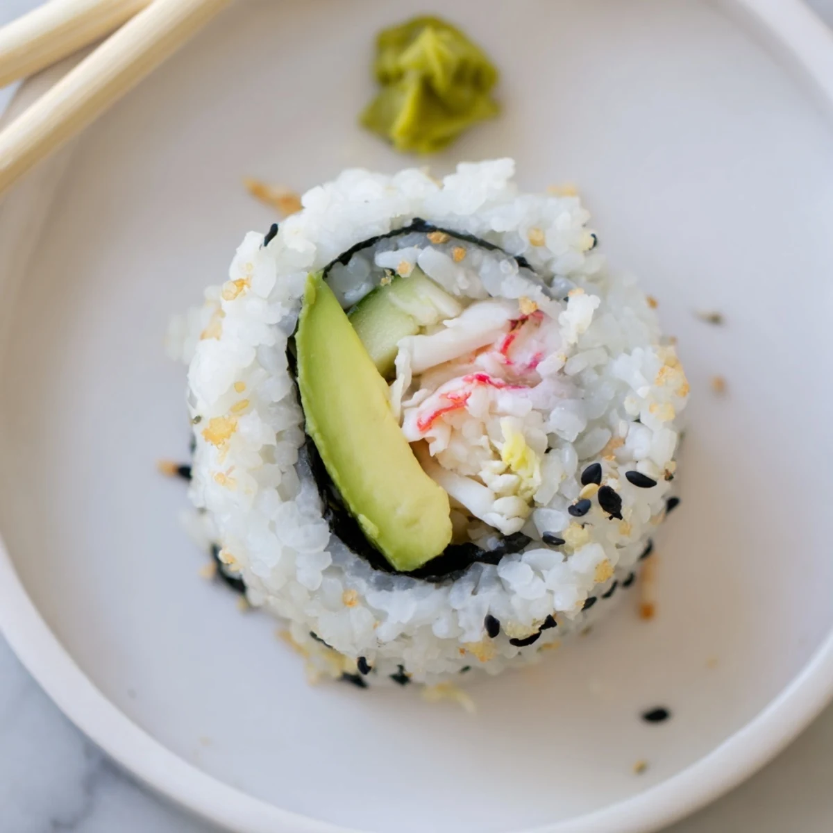 A platter of California Crunch Roll Sushi garnished with sesame, soy, and pickled ginger