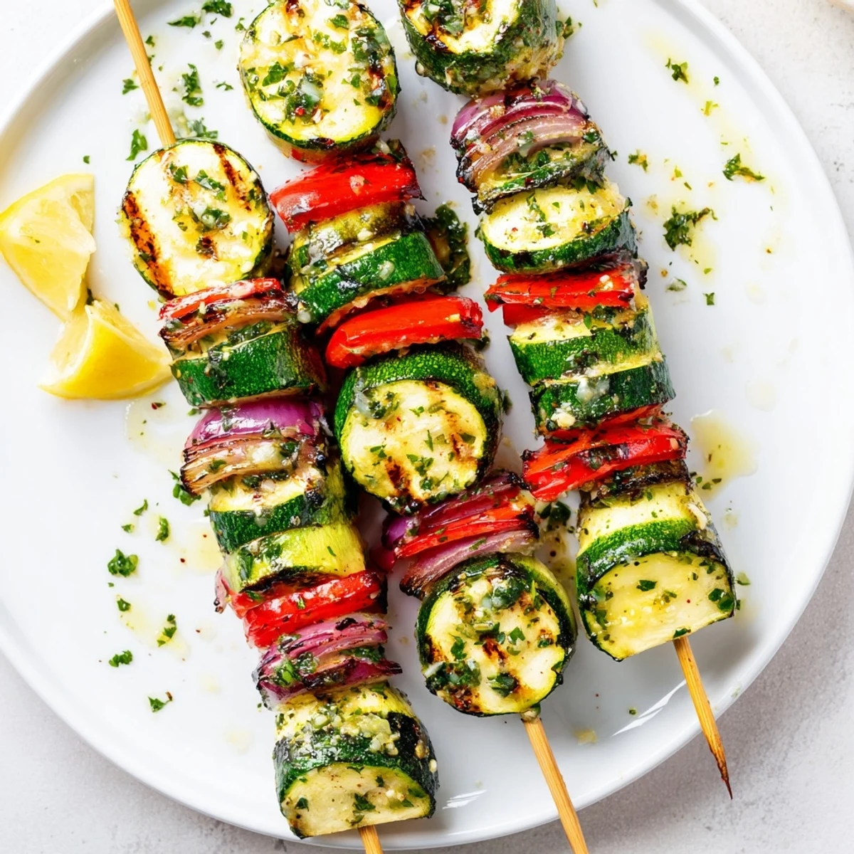 Grilled Garlic Butter Zucchini Skewers glistening with melted butter, charred edges, lemon.