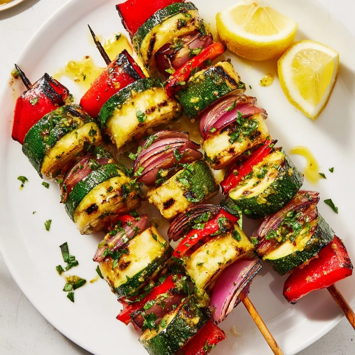 Garlic Butter Zucchini Skewers steaming on a platter, fragrant garlic, bright parsley.