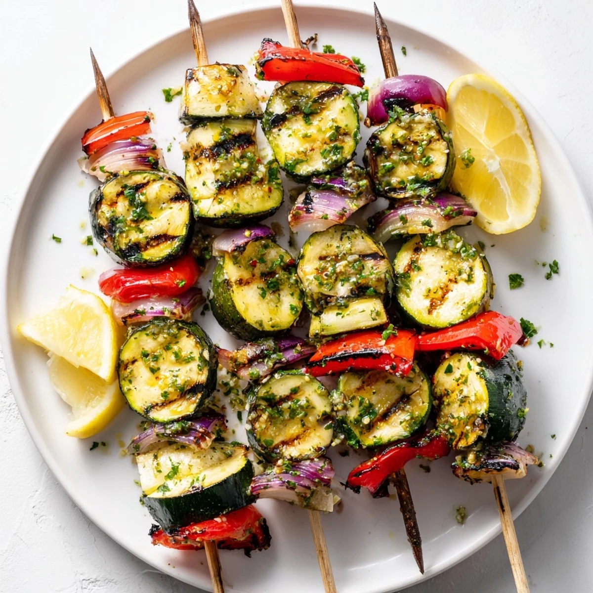 Charred Garlic Butter Zucchini Skewers threaded with peppers, tender rounds, ready to serve.