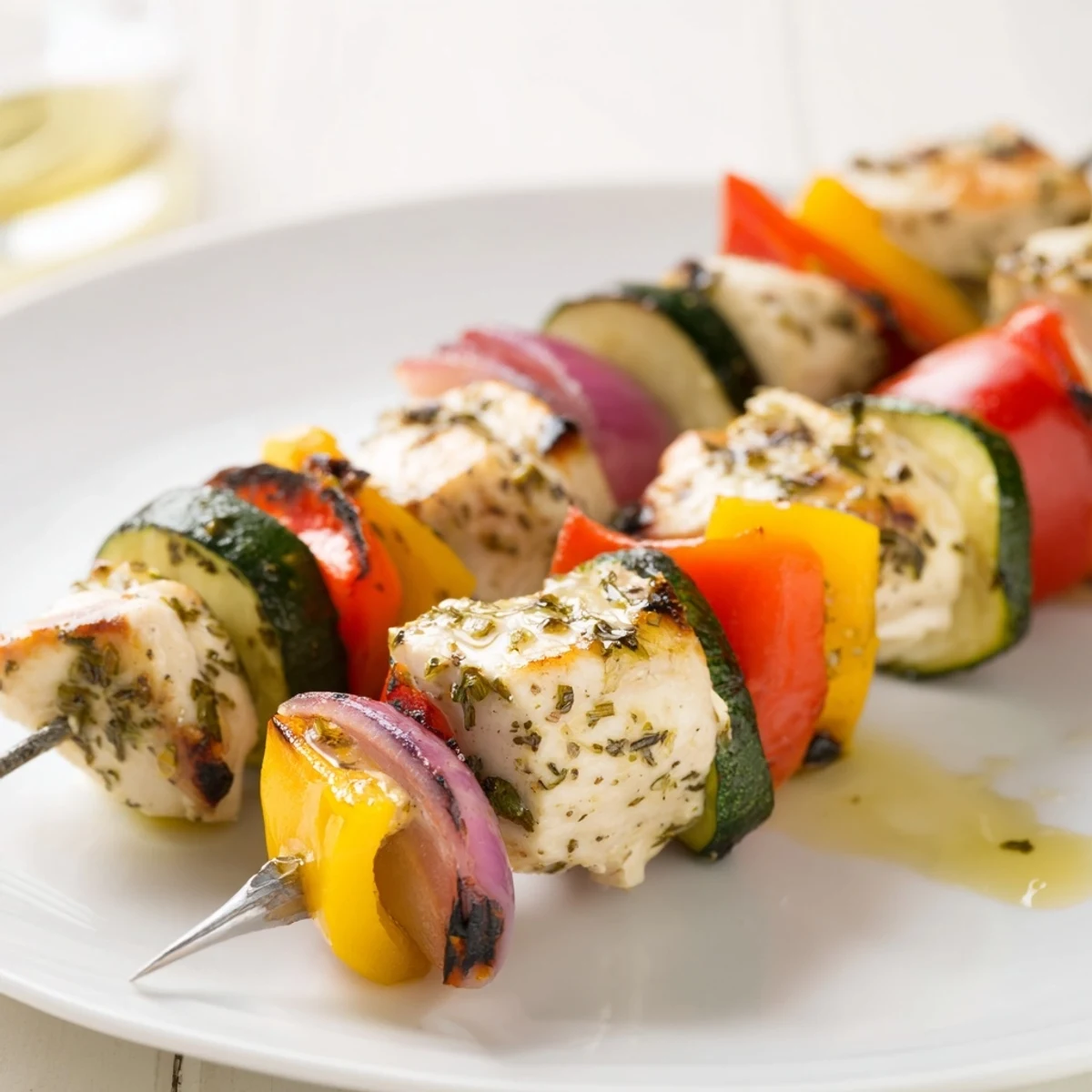 Grilled dinner plate showcasing Chicken Kabobs On The Grill with lemony marinade