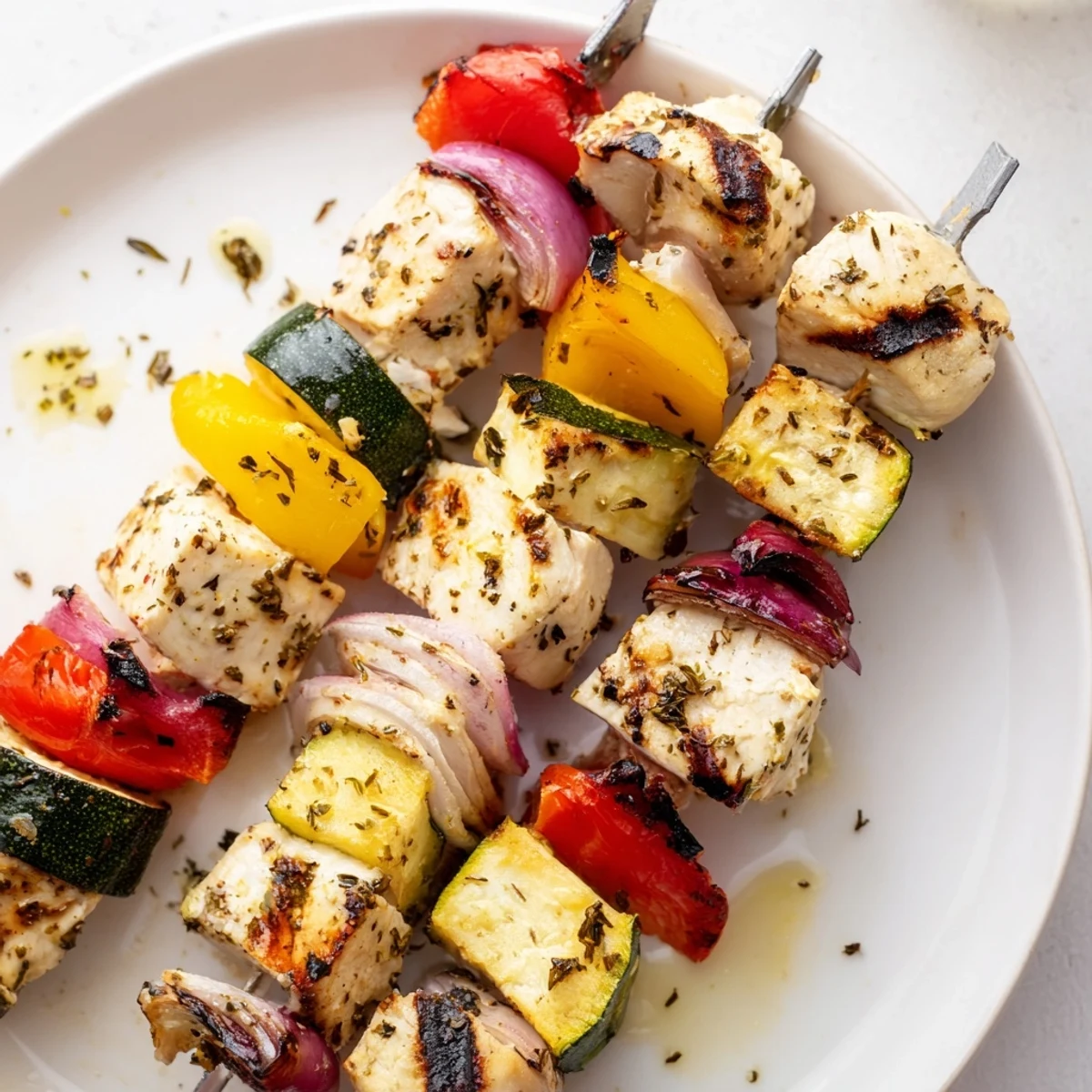 Chicken Kabobs On The Grill sizzling with charred peppers and garlicky chicken