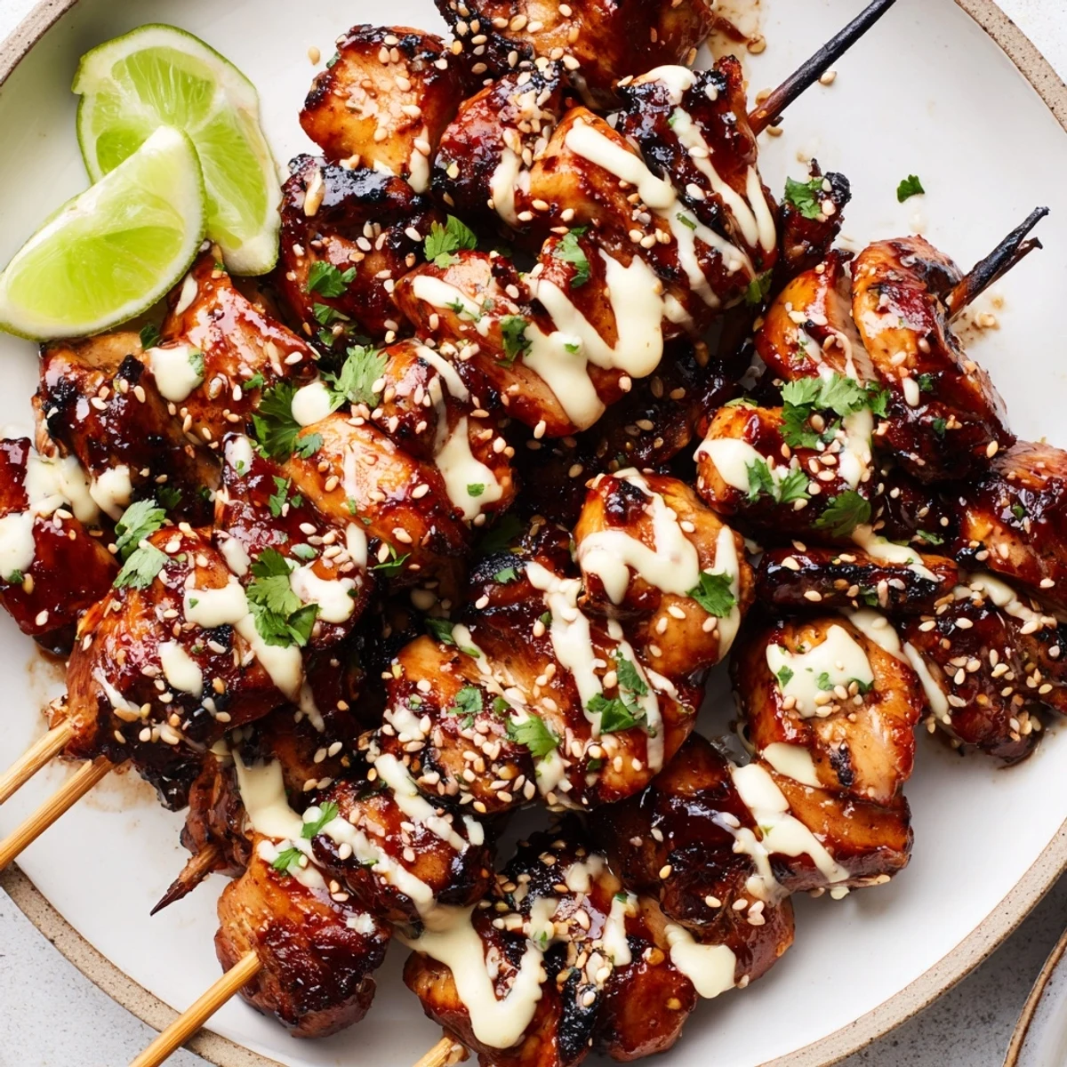 Grilled Bang Bang Chicken Skewers glistening with spicy creamy sauce and charred edges