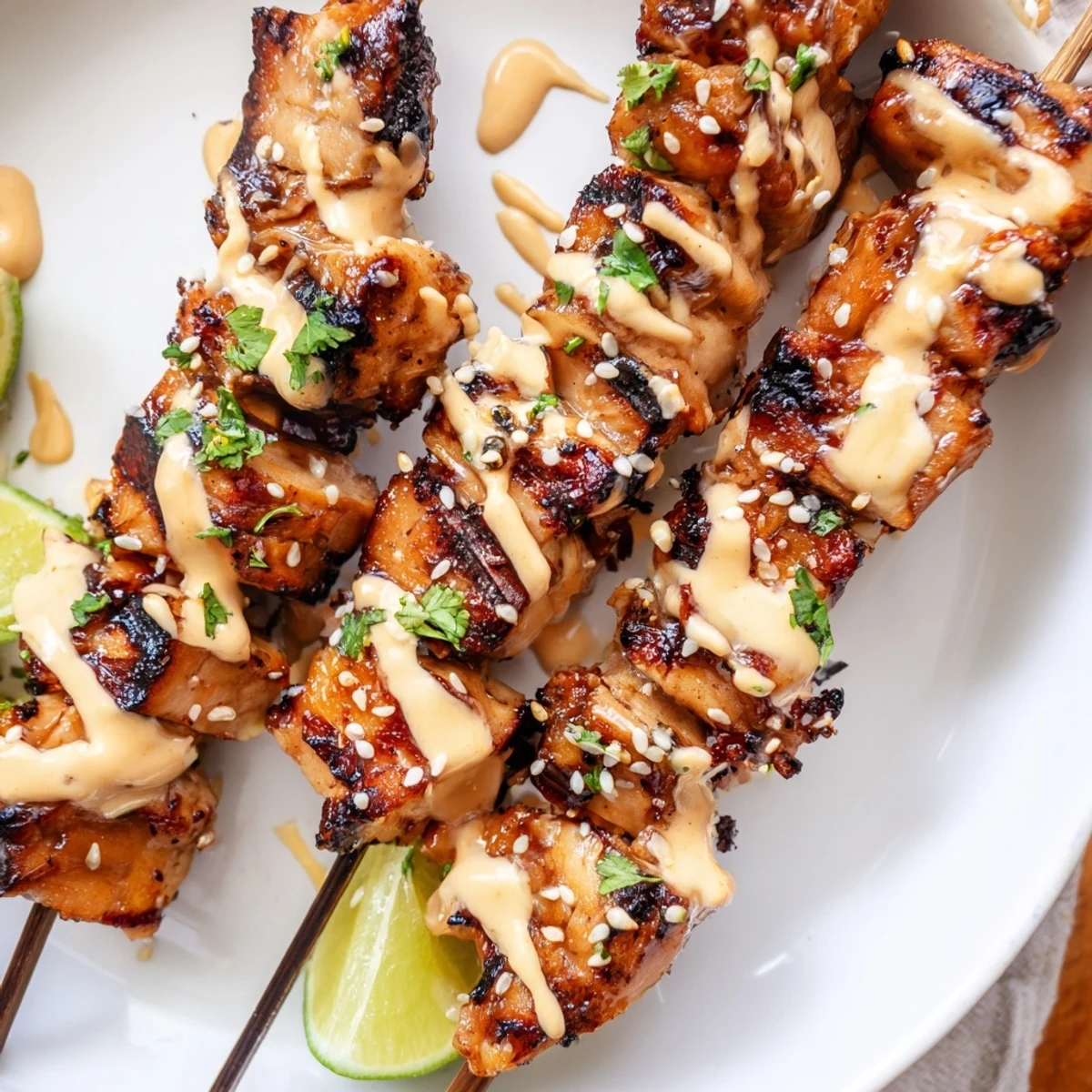 Plate of Grilled Bang Bang Chicken Skewers piled over rice with lime