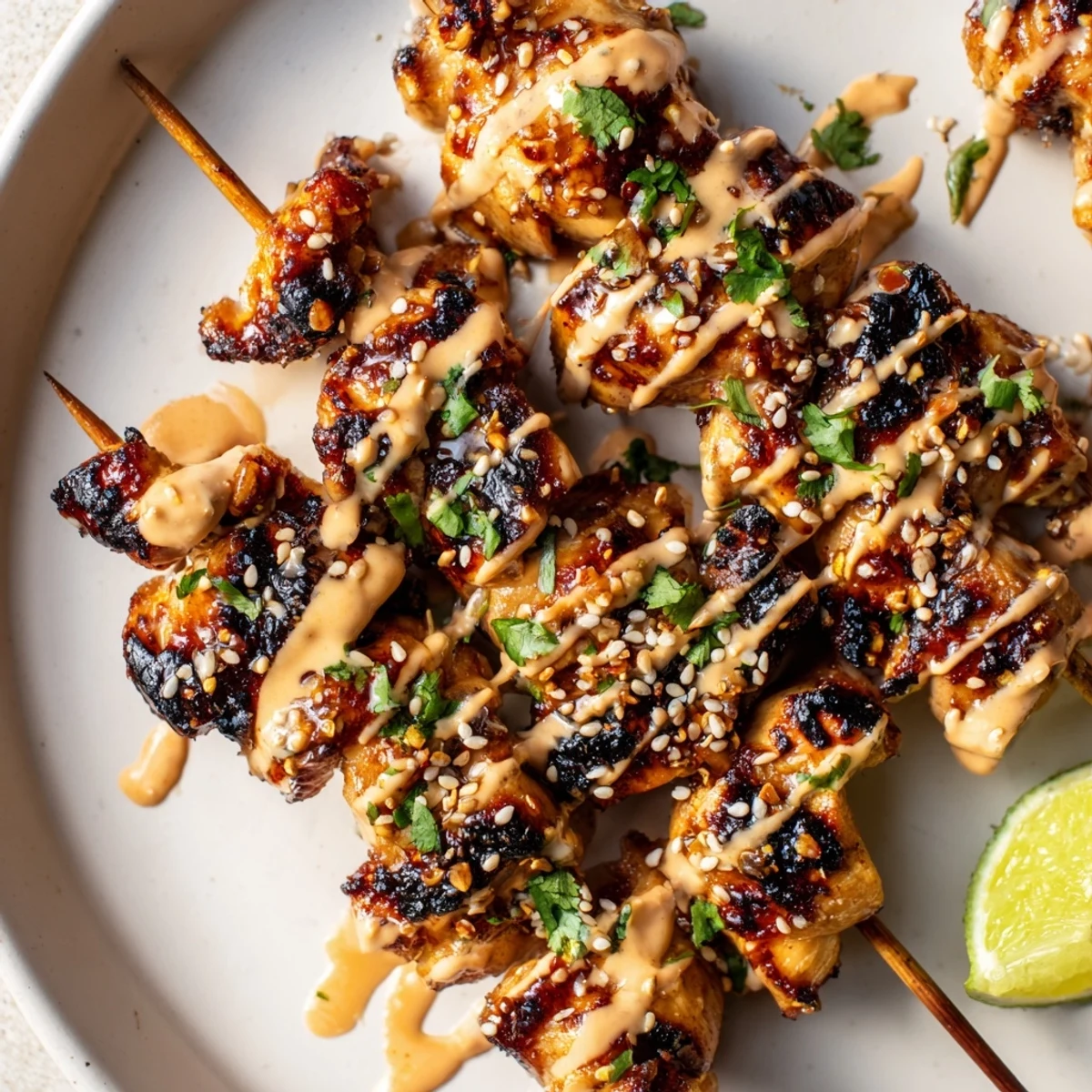 Smoky aroma rises as Grilled Bang Bang Chicken Skewers rest on a platter