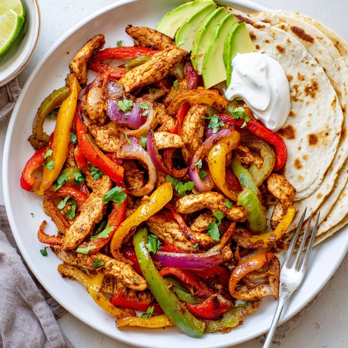 Sheet Pan Chicken Fajitas sizzling with charred peppers, onions, lime wedges