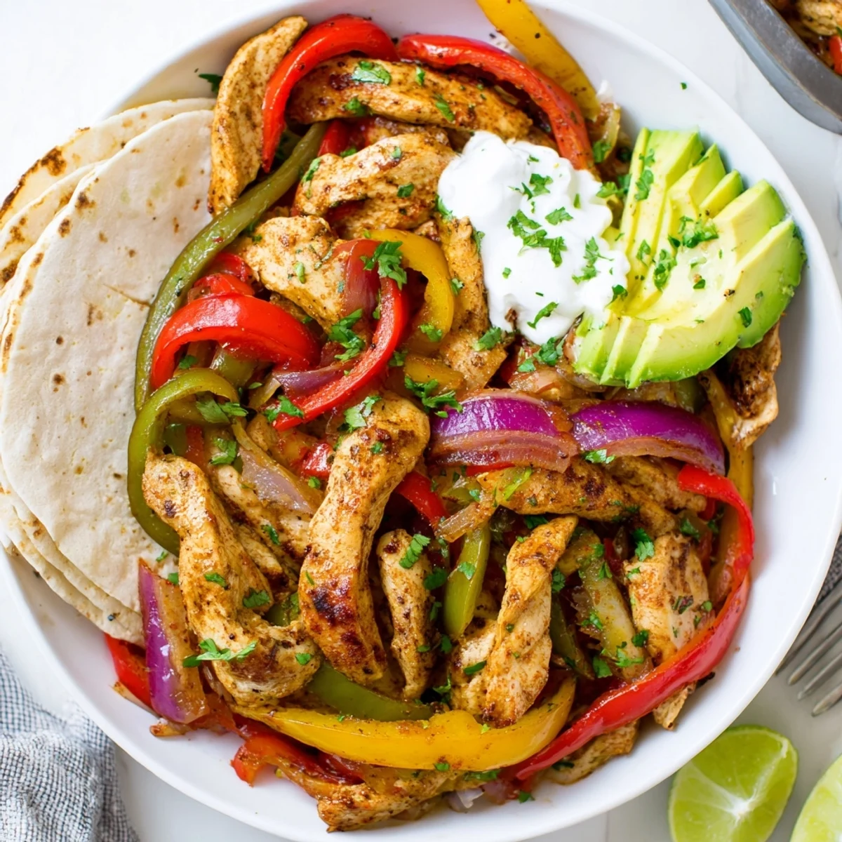Colorful Sheet Pan Chicken Fajitas tossed with cilantro and creamy avocado slices