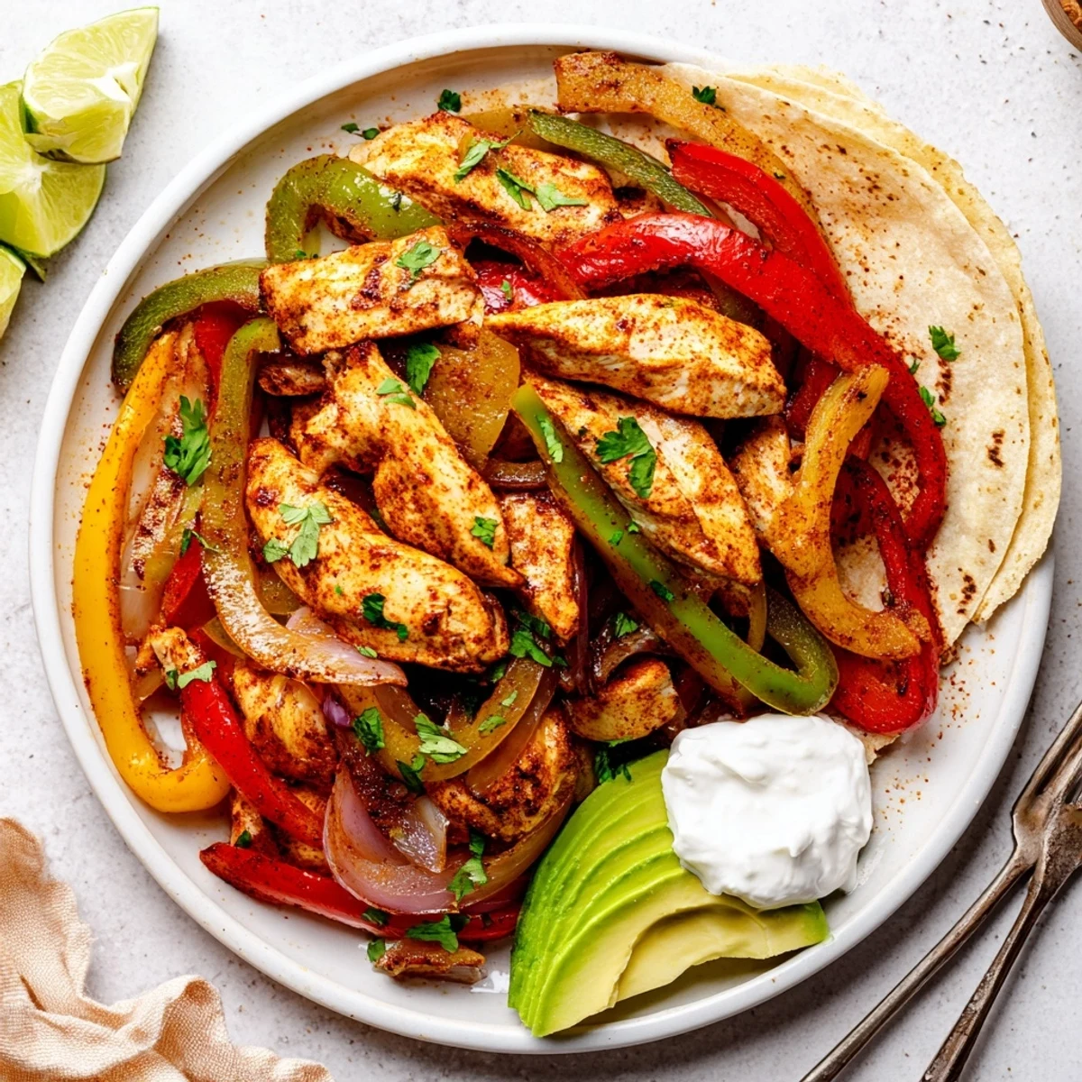 Tray of Sheet Pan Chicken Fajitas roasted to golden, served with tortillas