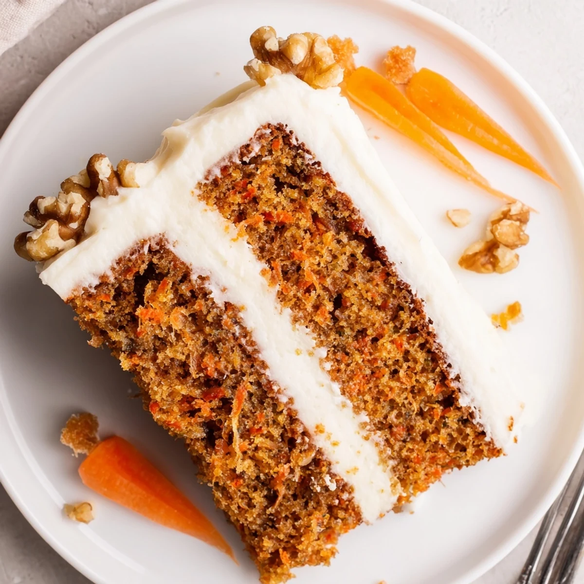 Moist carrot cake with cream cheese frosting, sliced on a rustic plate.