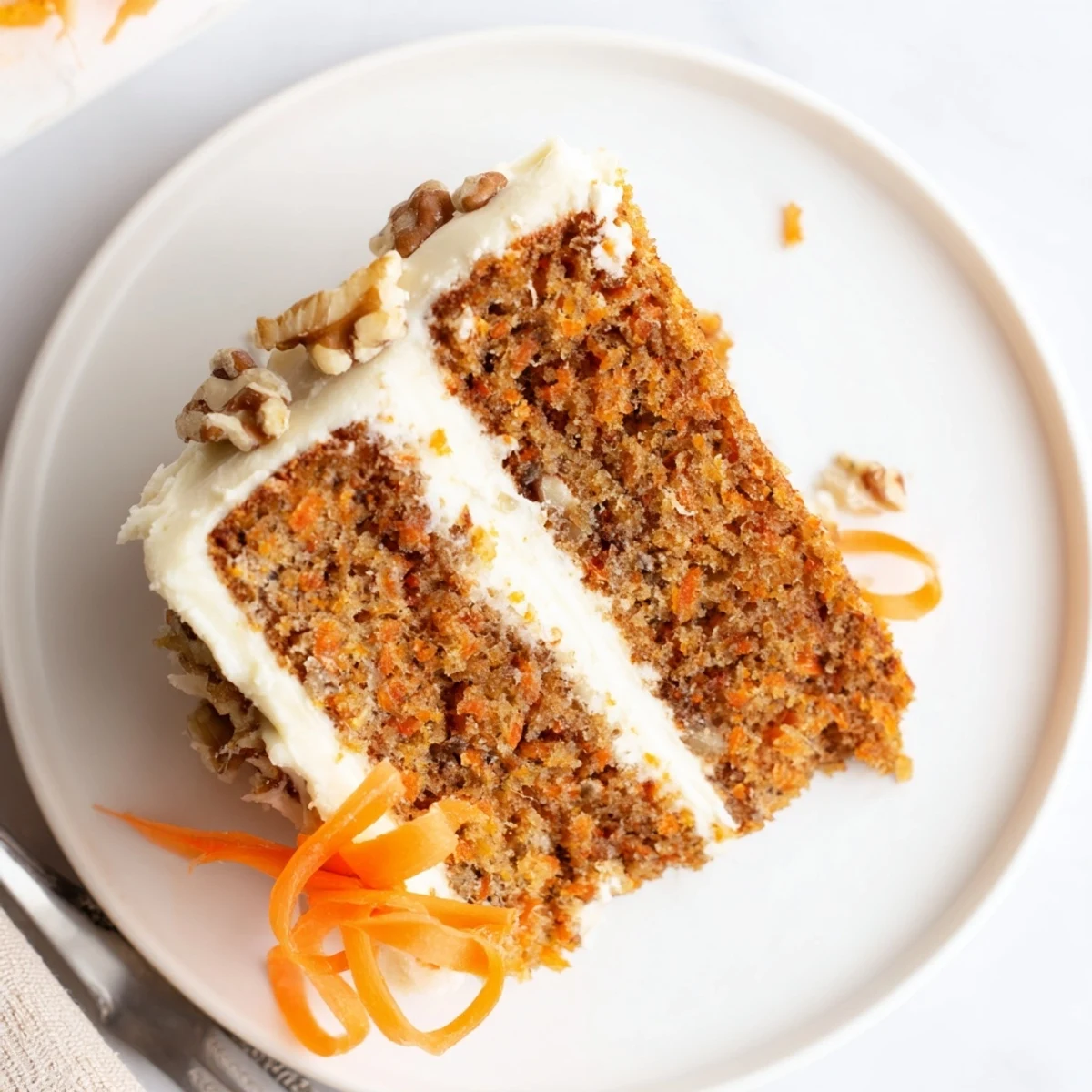 Homestyle carrot cake with cream cheese frosting topped with chopped walnuts.