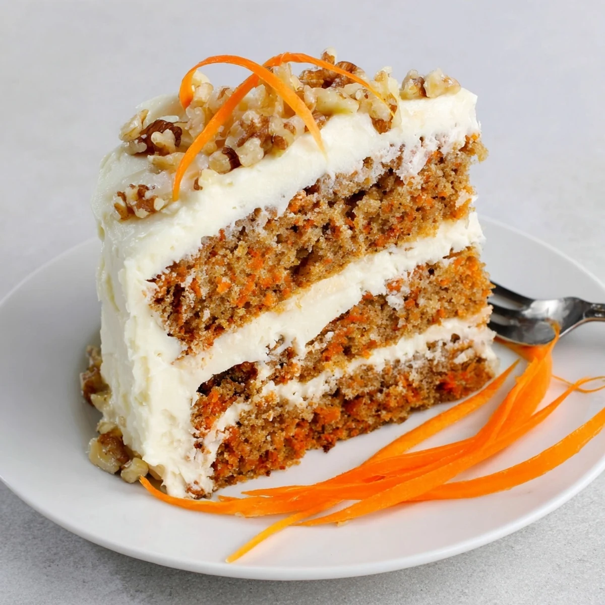 A slice of carrot cake with cream cheese frosting served with tea.