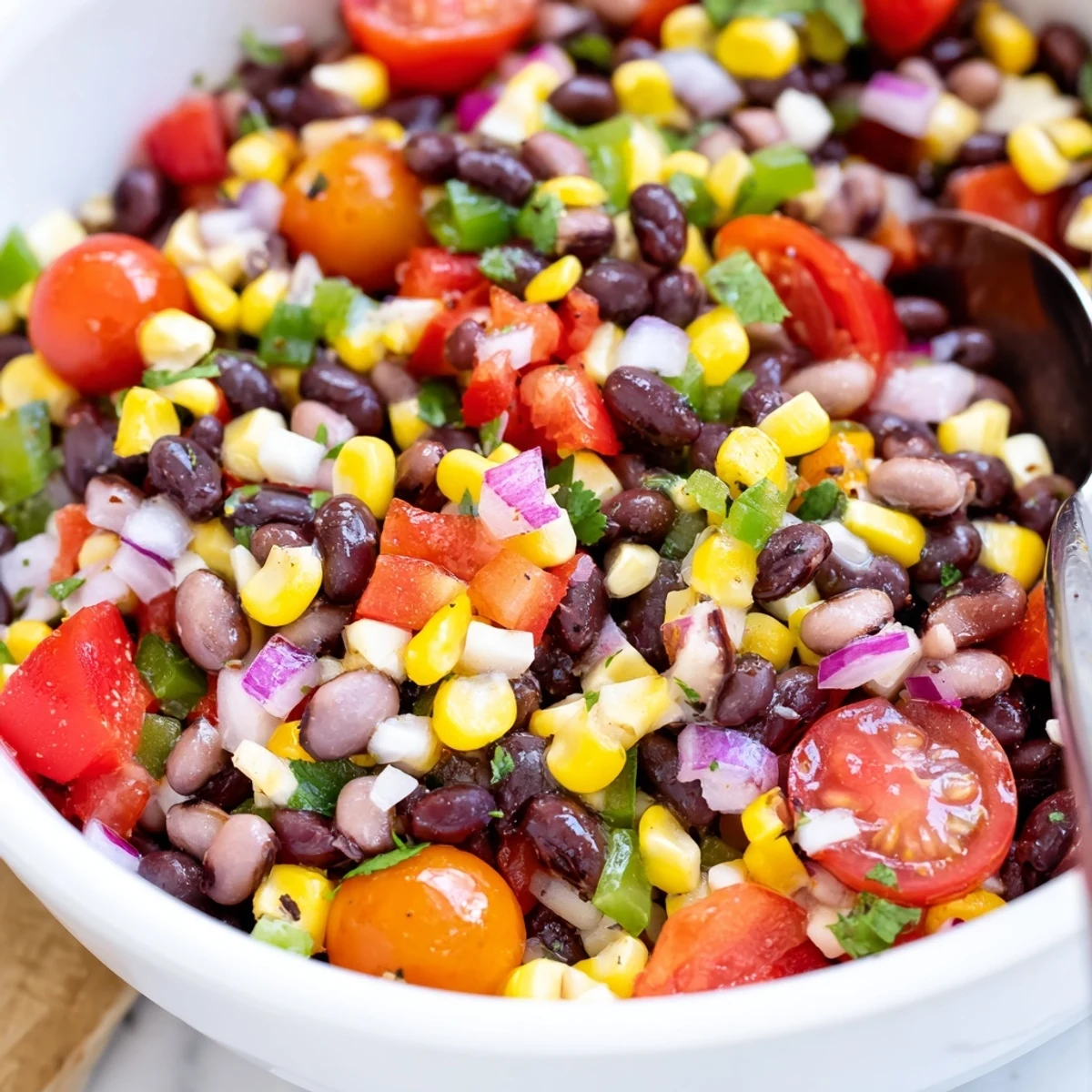 Cowgirl Caviar Recipe bowl showing colorful beans, corn, cilantro, zesty dressing.