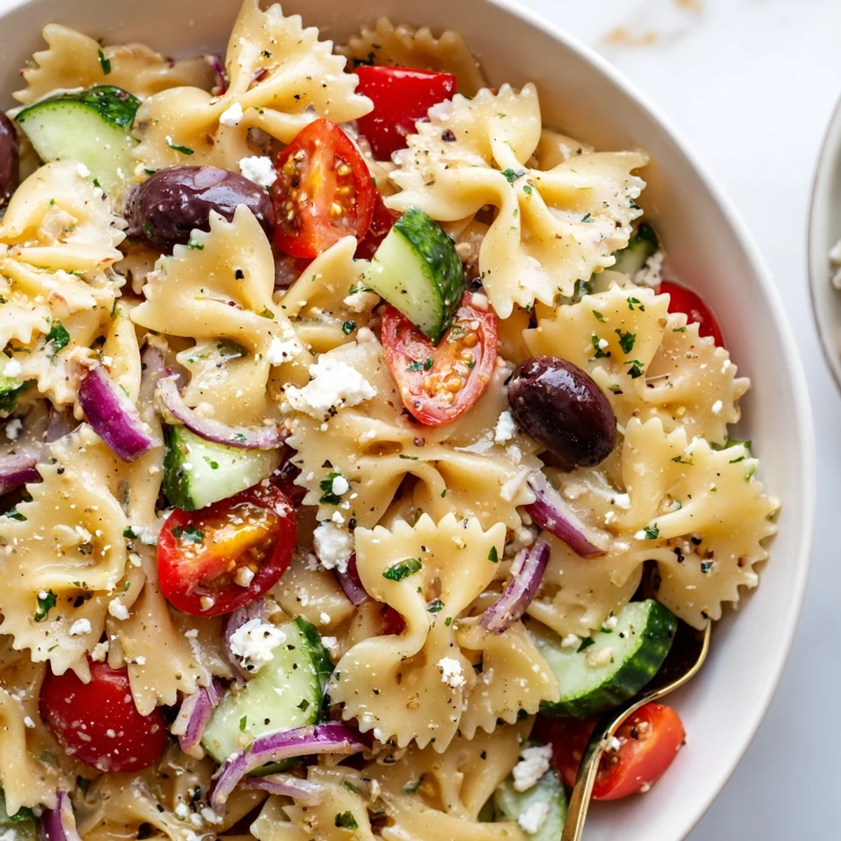 Bow Tie Pasta Salad piled in bowl with colorful vegetables and zesty dressing