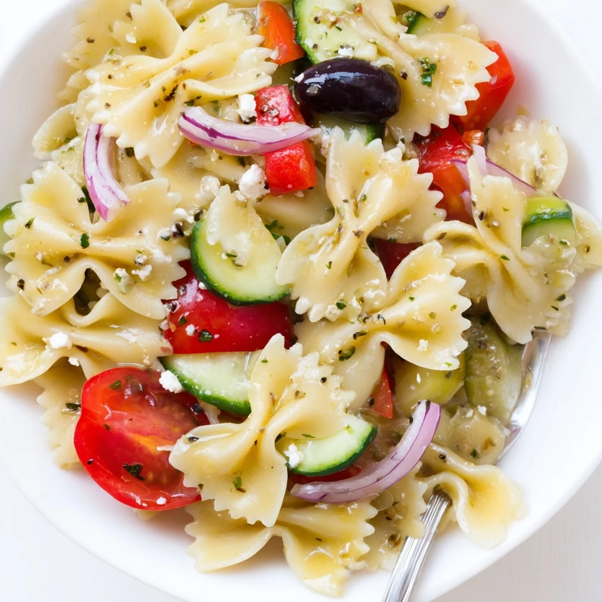 Chilled Bow Tie Pasta Salad studded with feta, crisp cucumber, picnic-ready