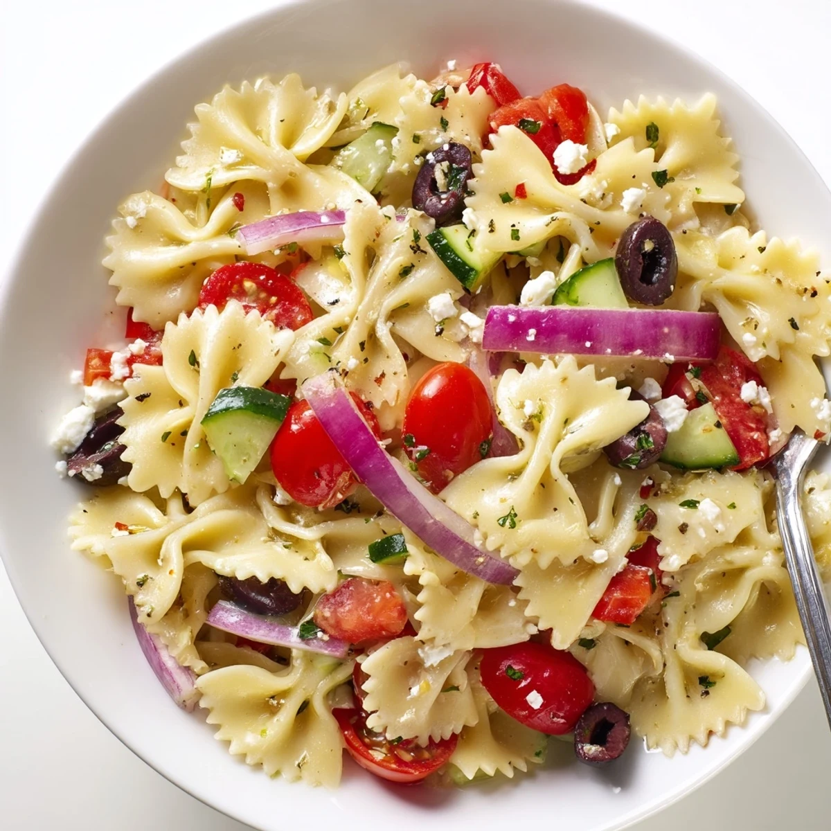 Family-sized Bow Tie Pasta Salad tossed in olive oil dressing, served cold