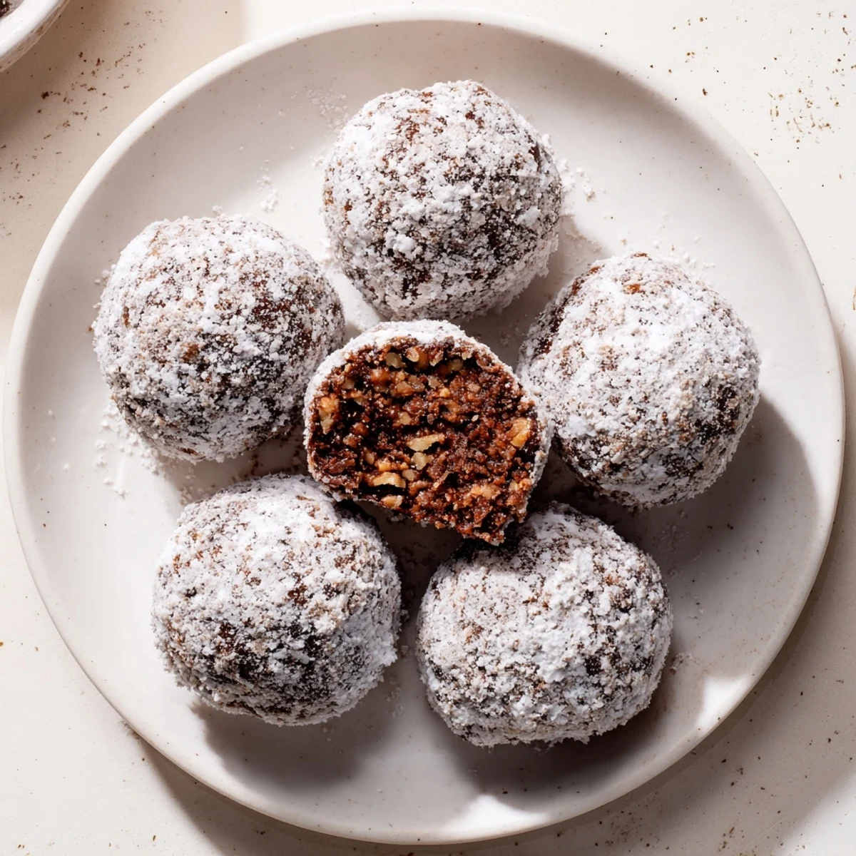 Chocolate Bourbon Balls dusted in powdered sugar on parchment, ready to chill