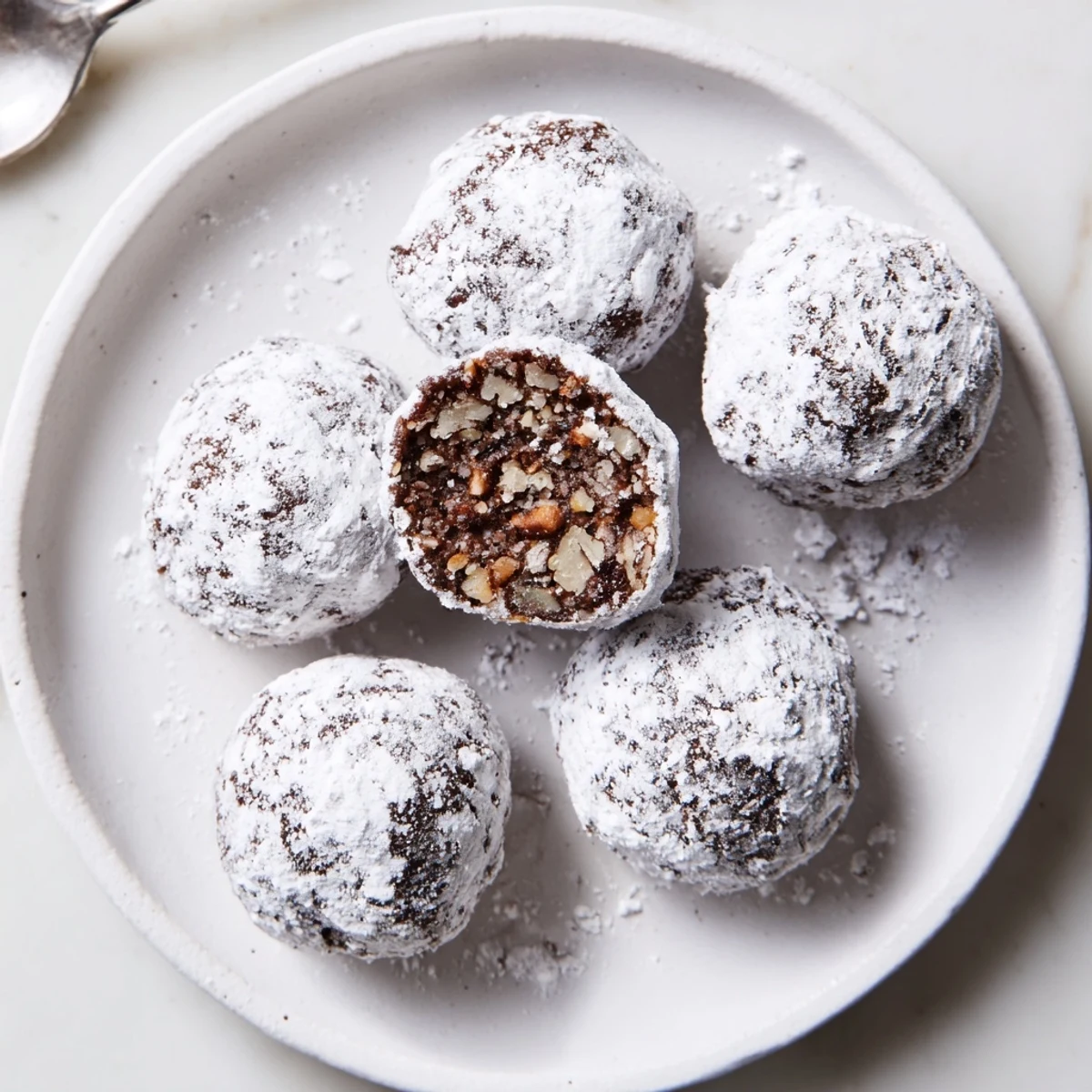Plate of Chocolate Bourbon Balls with pecan bits, rich cocoa aroma wafting