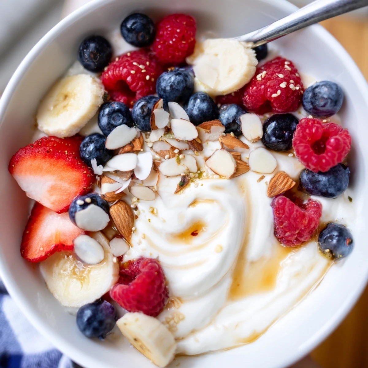 High Protein Greek Yogurt Bowl served in ceramic bowl, creamy, chilled breakfast  