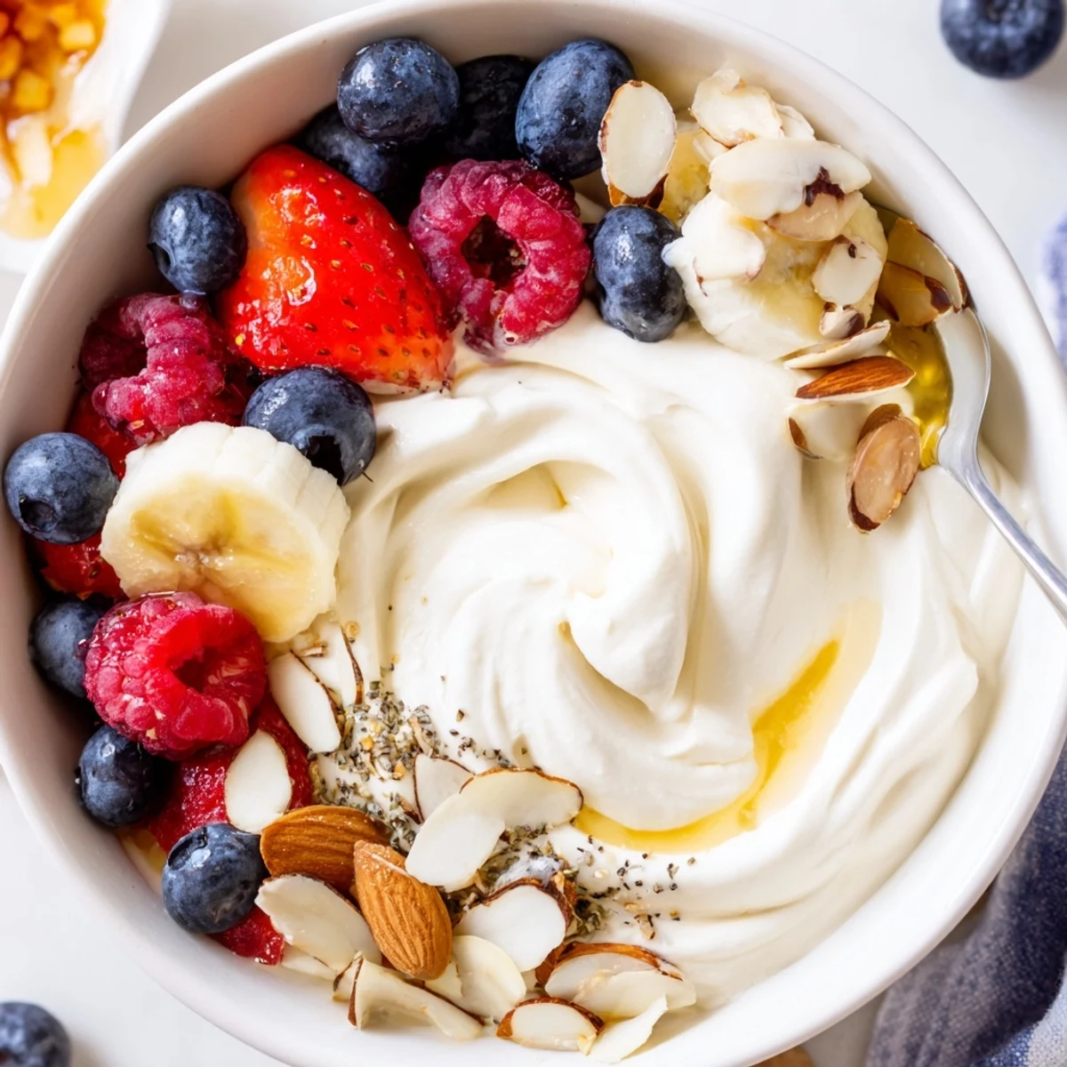 High Protein Greek Yogurt Bowl topped with sliced banana, chia, pumpkin seeds, cinnamon