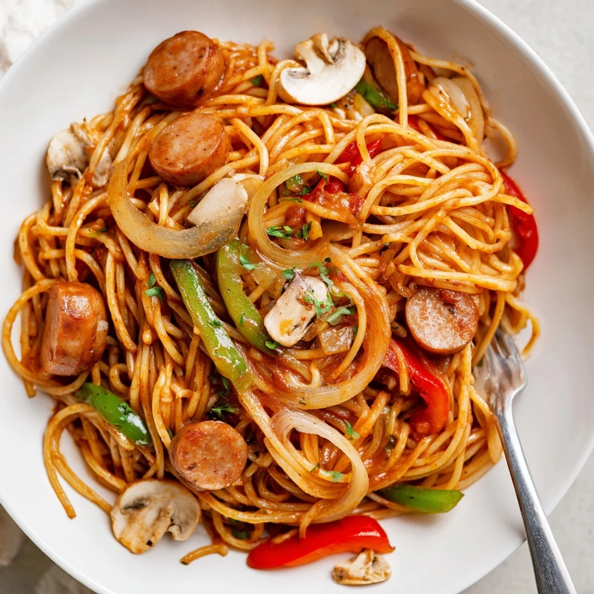 Spaghetti Napolitan recipe with glossy ketchup sauce, browned sausage, soft peppers.