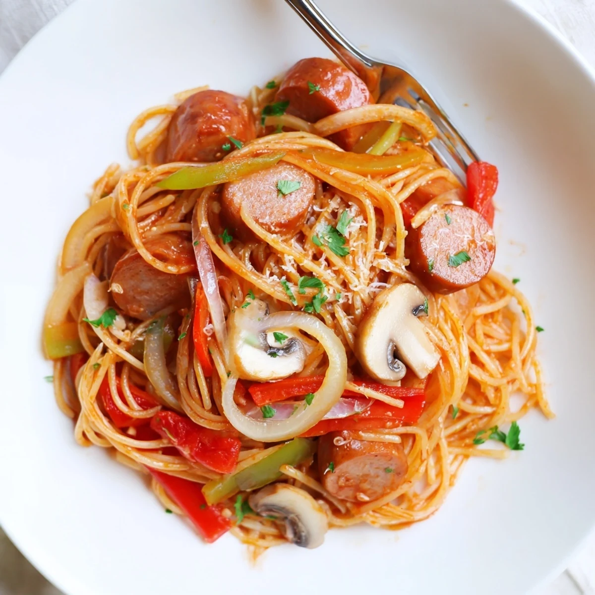 Warm Spaghetti Napolitan recipe tossed in buttery skillet, garnished with parsley.